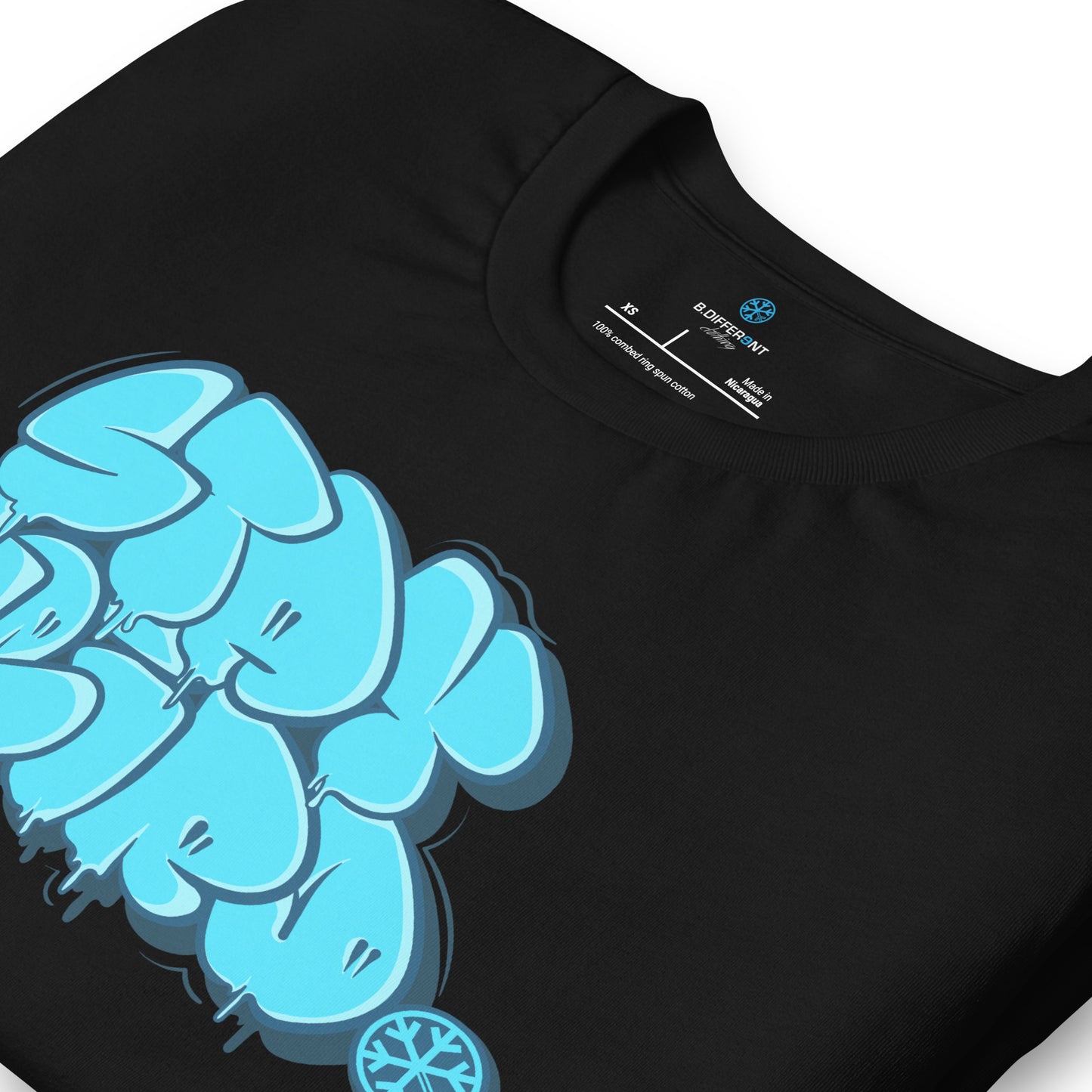 Black-Stay Weird Graffiti Throw-up Tee from B.Different Clothing, detail, graffiti-inspired streetwear t-shirt