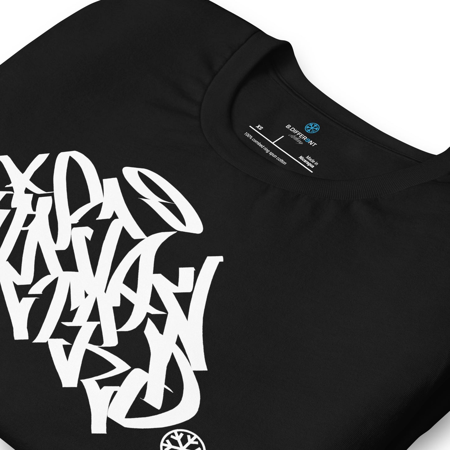 Black-Stay Weird Graffiti Tag Tee from B.Different Clothing, detail, graffiti-inspired streetwear t-shirt