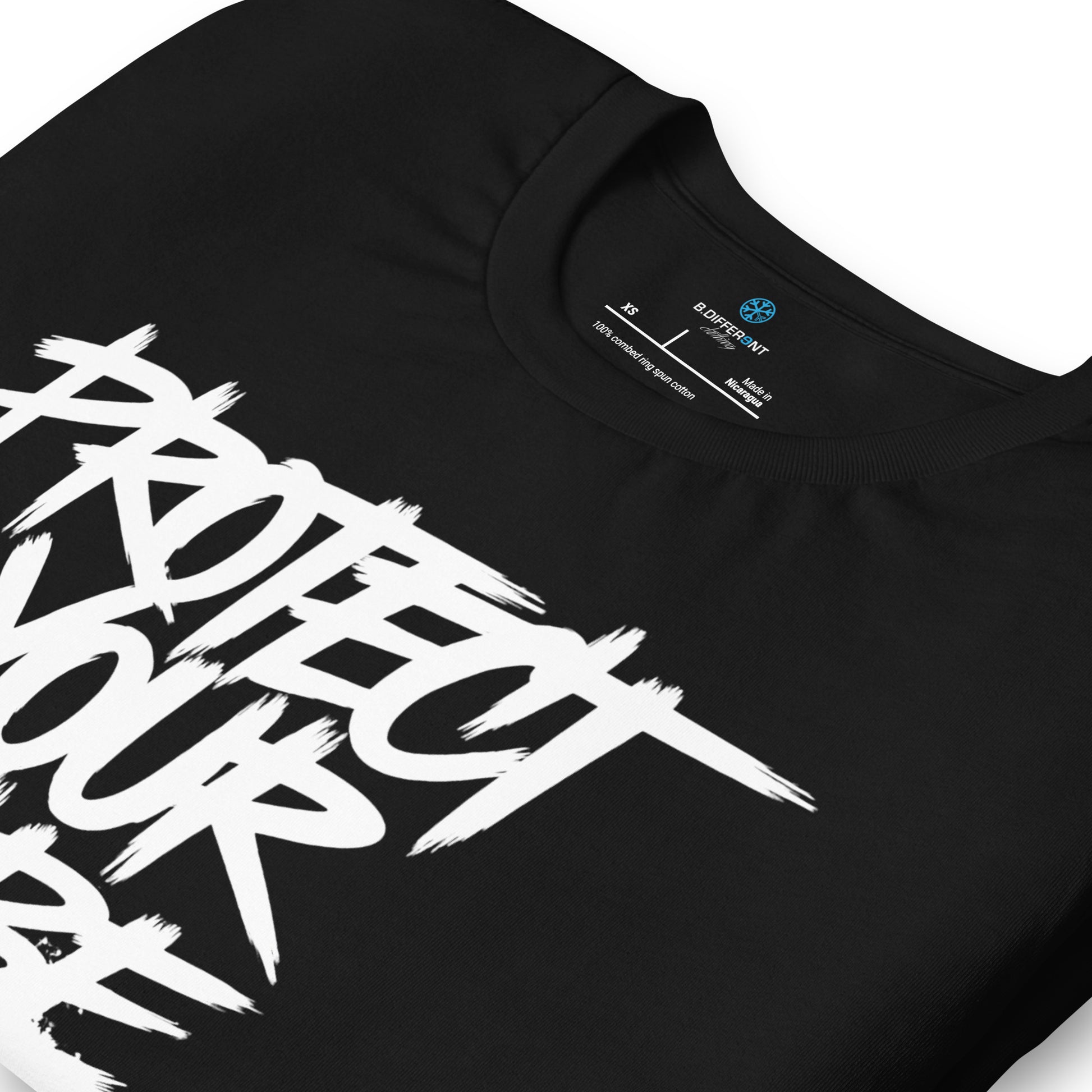 Black-Protect Your Vibe Graffiti Tag Tee from B.Different Clothing, detail, graffiti-inspired streetwear t-shirt