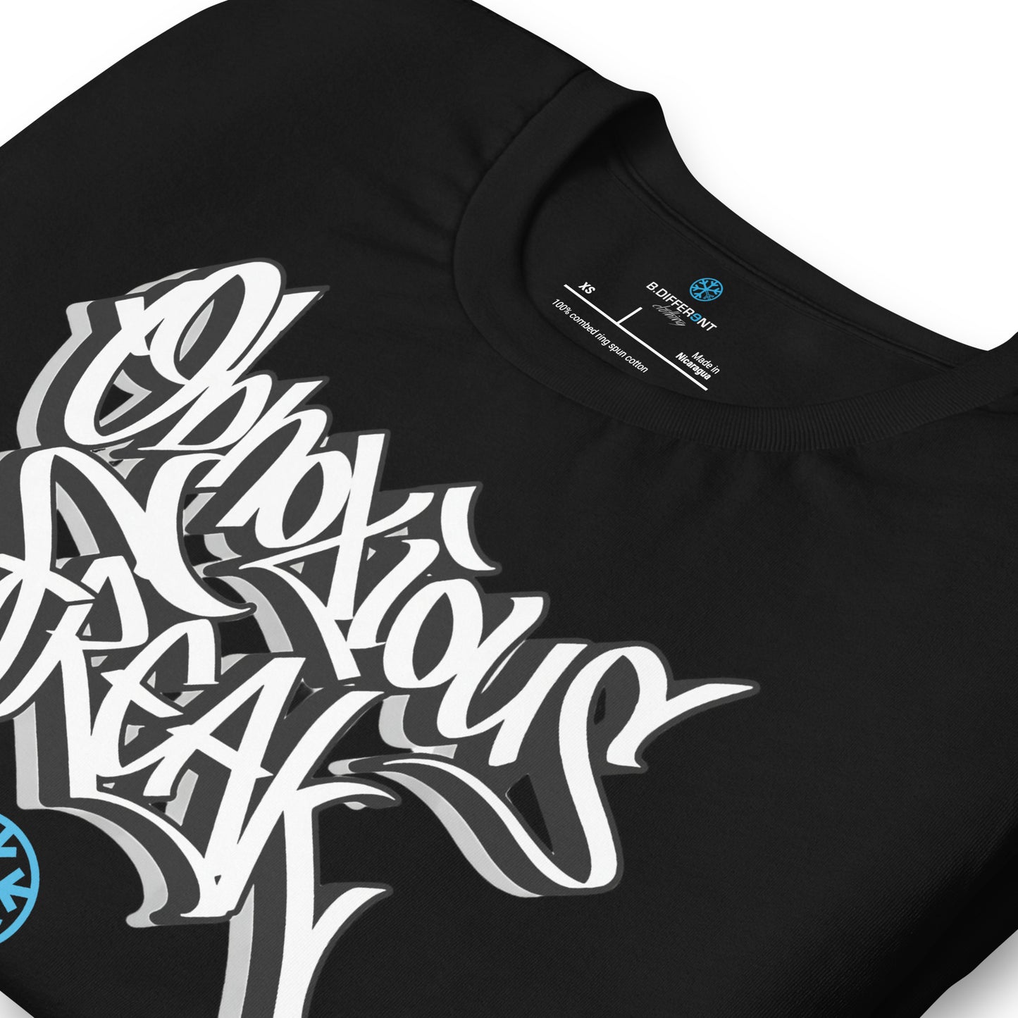 Black-Obnoxious Freak Graffiti Tee from B.Different Clothing, detail, graffiti-inspired streetwear t-shirt