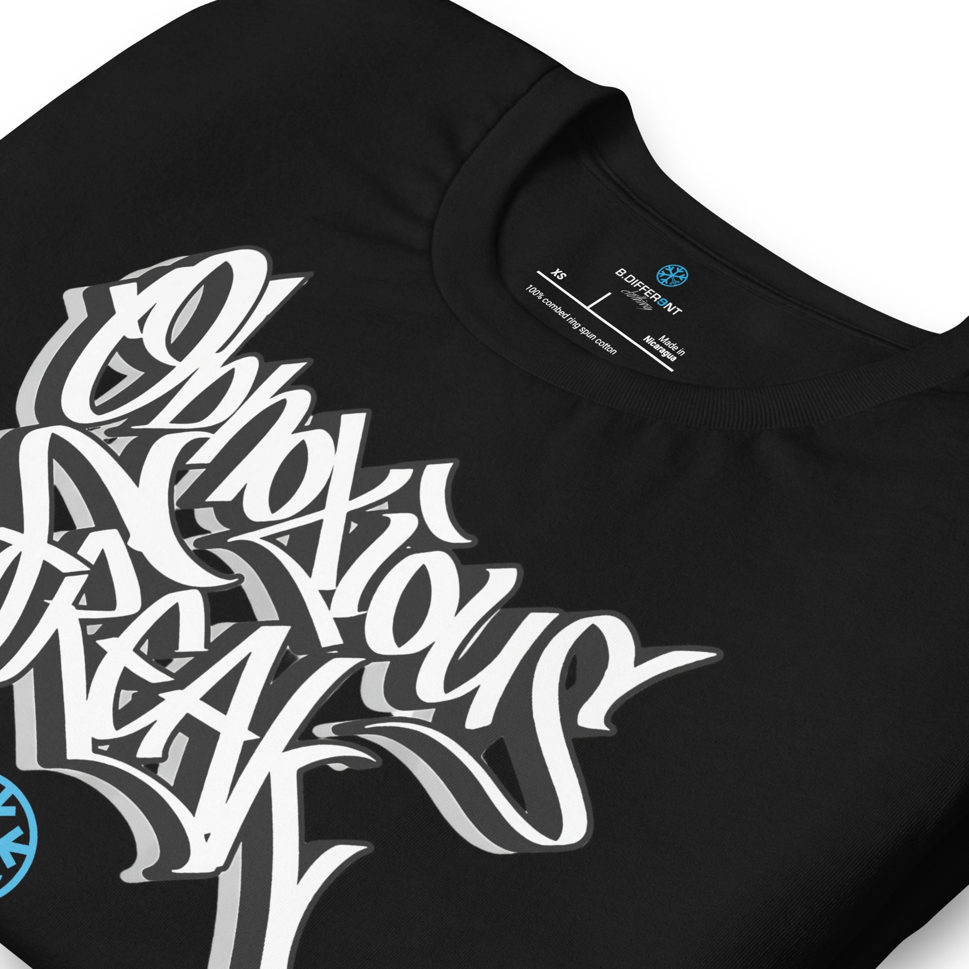 Black-Obnoxious Freak Graffiti Tee from B.Different Clothing, detail, graffiti-inspired streetwear t-shirt