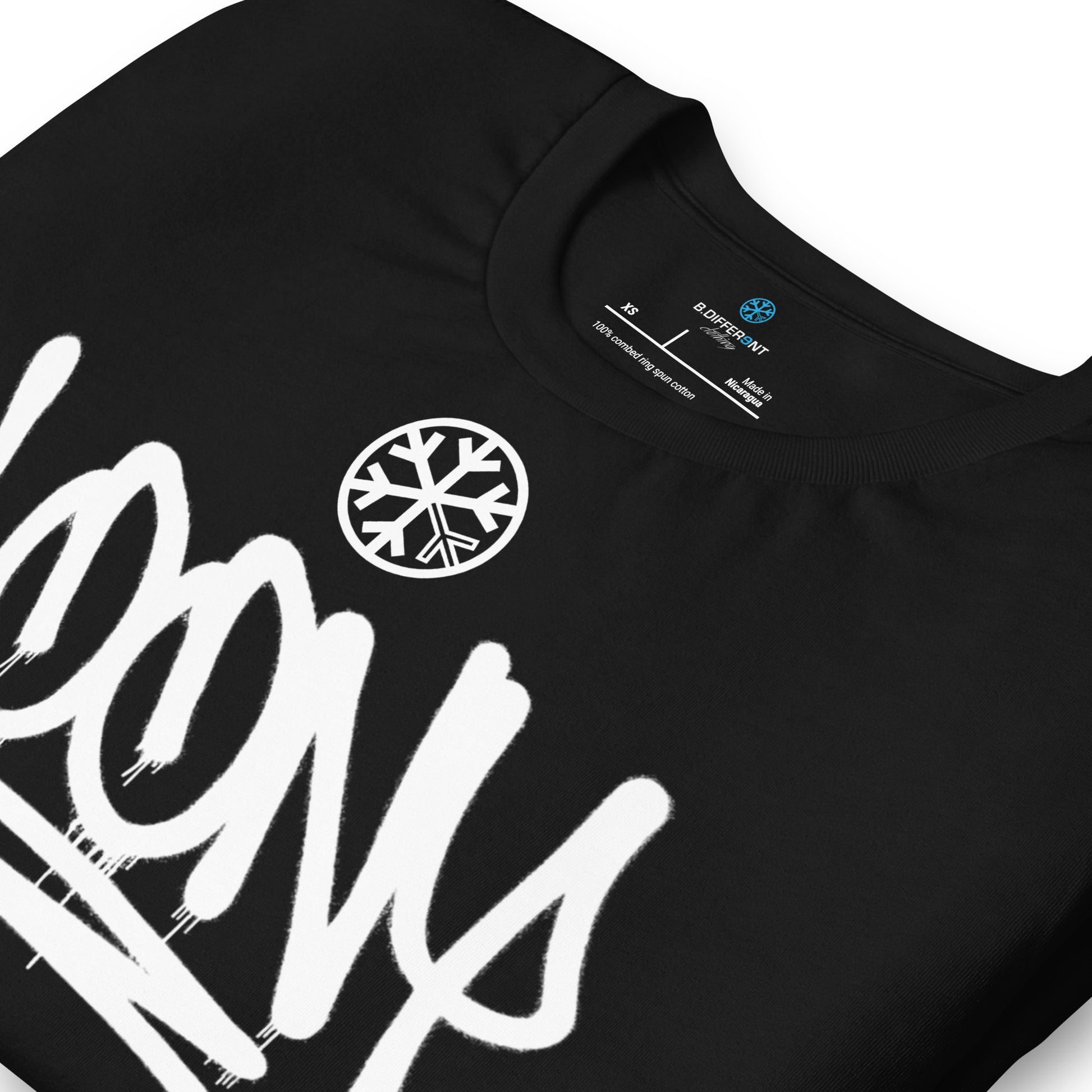 Black-Loony Graffiti Tag Tee from B.Different Clothing, detail, graffiti-inspired streetwear t-shirt