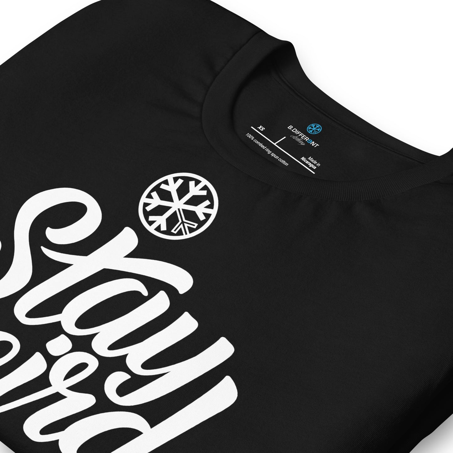 Black-Stay Weird Tee from B.Different Clothing, detail, graffiti-inspired streetwear t-shirt