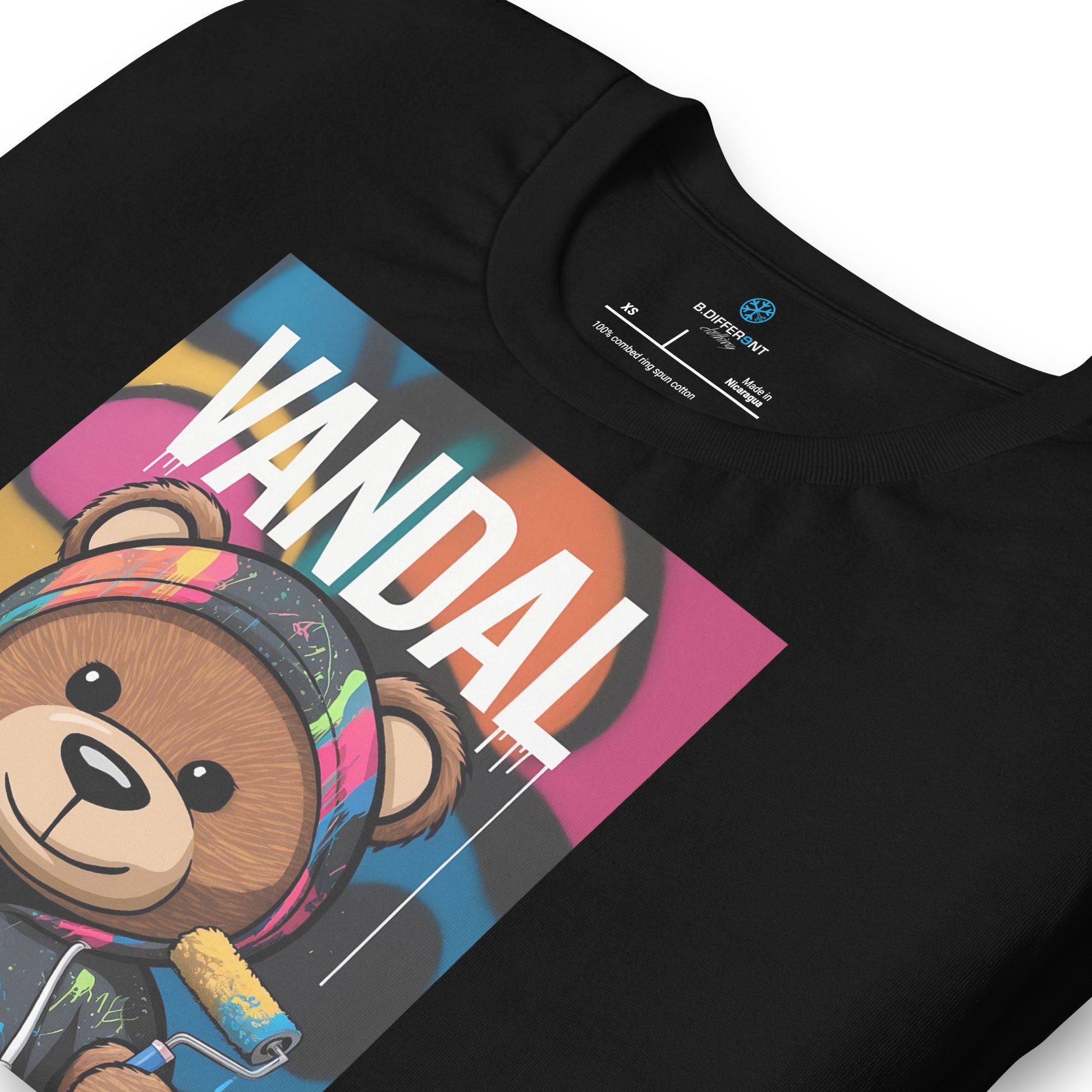Black-Vandal Teddy Bear Graffiti Tee from B.Different Clothing, detail, graffiti-inspired streetwear