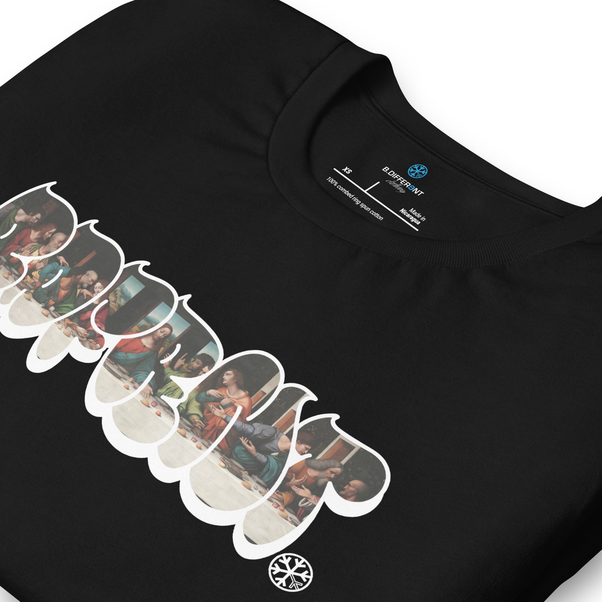 Black-BDFRNT Throwie x Last Supper Graffiti Tee from B.Different Clothing, detail, graffiti-inspired streetwear t-shirt