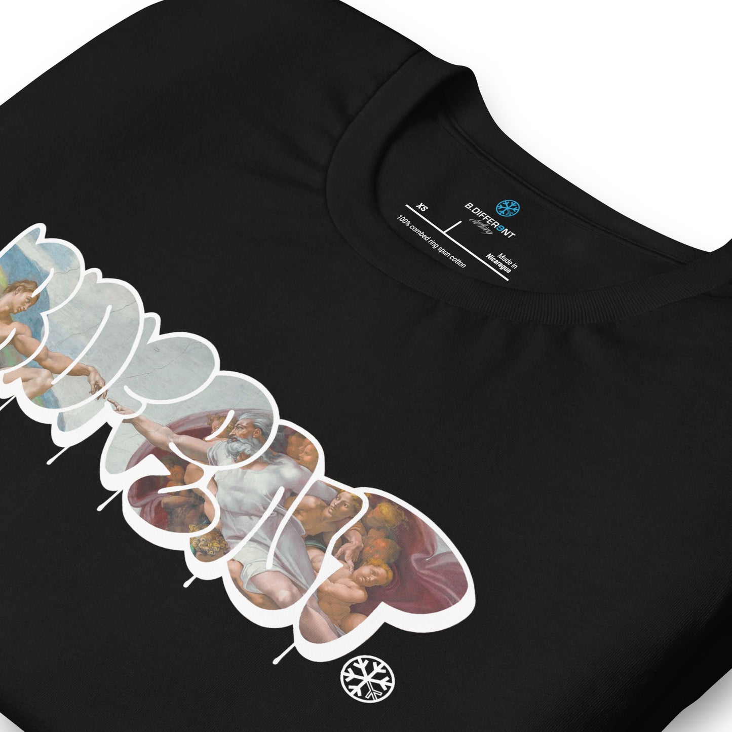 Black-BDFRNT Throwie x Creation of Adam Graffiti Tee from B.Different Clothing, detail, graffiti-inspired streetwear t-shirt