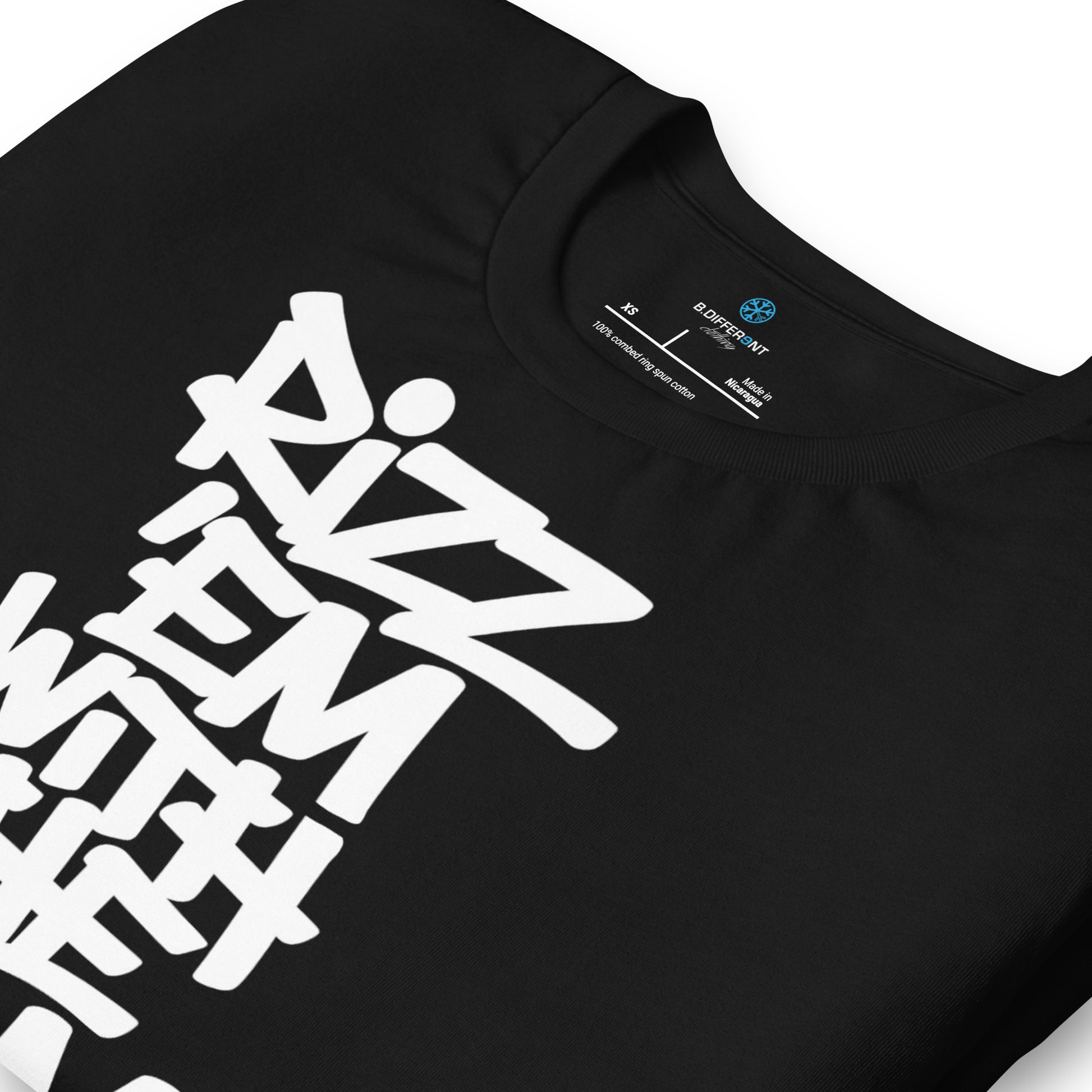 Black-Rizz 'Em With The 'Tism Graffiti Tee from B.Different Clothing, detail, graffiti-inspired streetwear t-shirt
