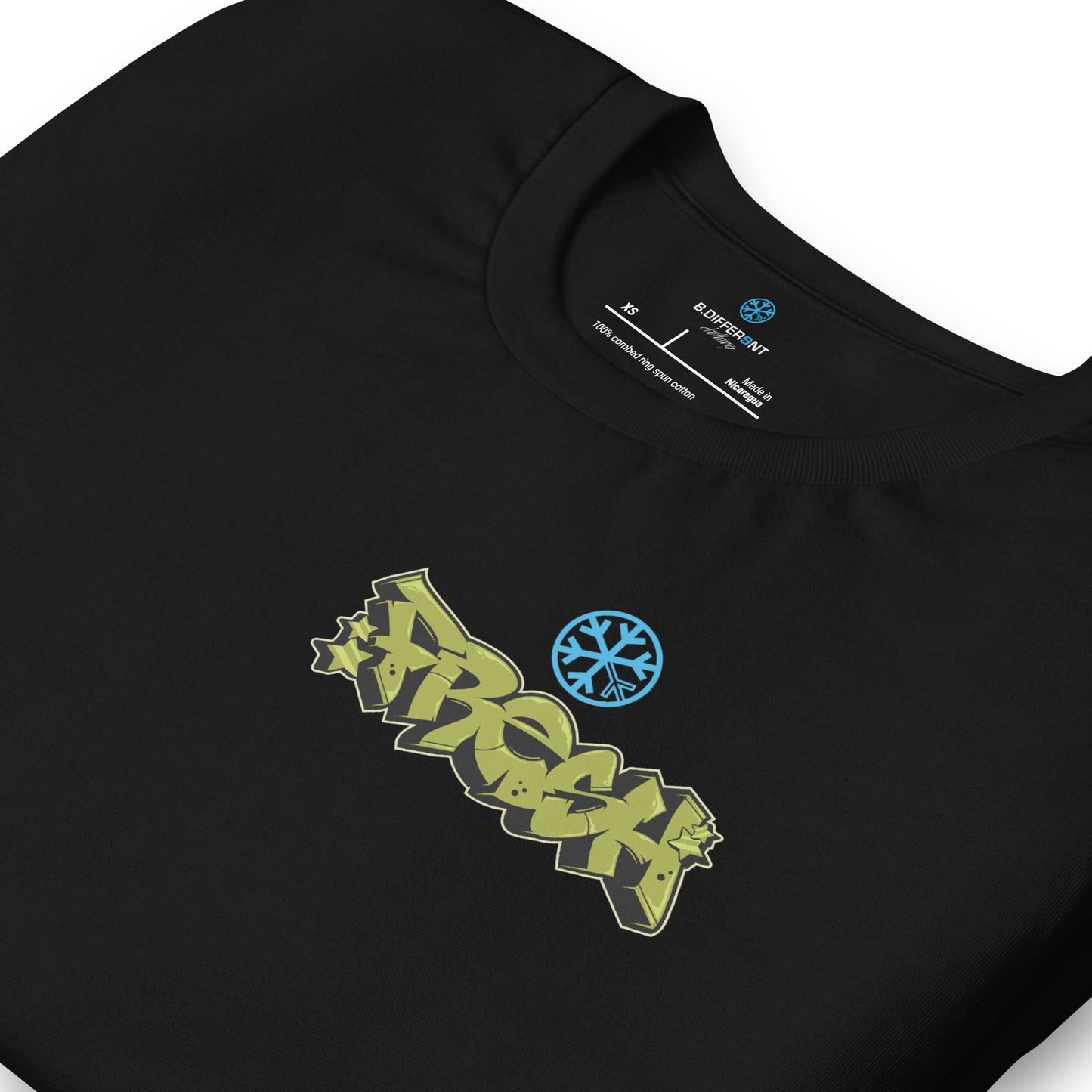 Black-Fresh Graffiti Character Tee from B.Different Clothing, detail, graffiti-inspired streetwear t-shirt