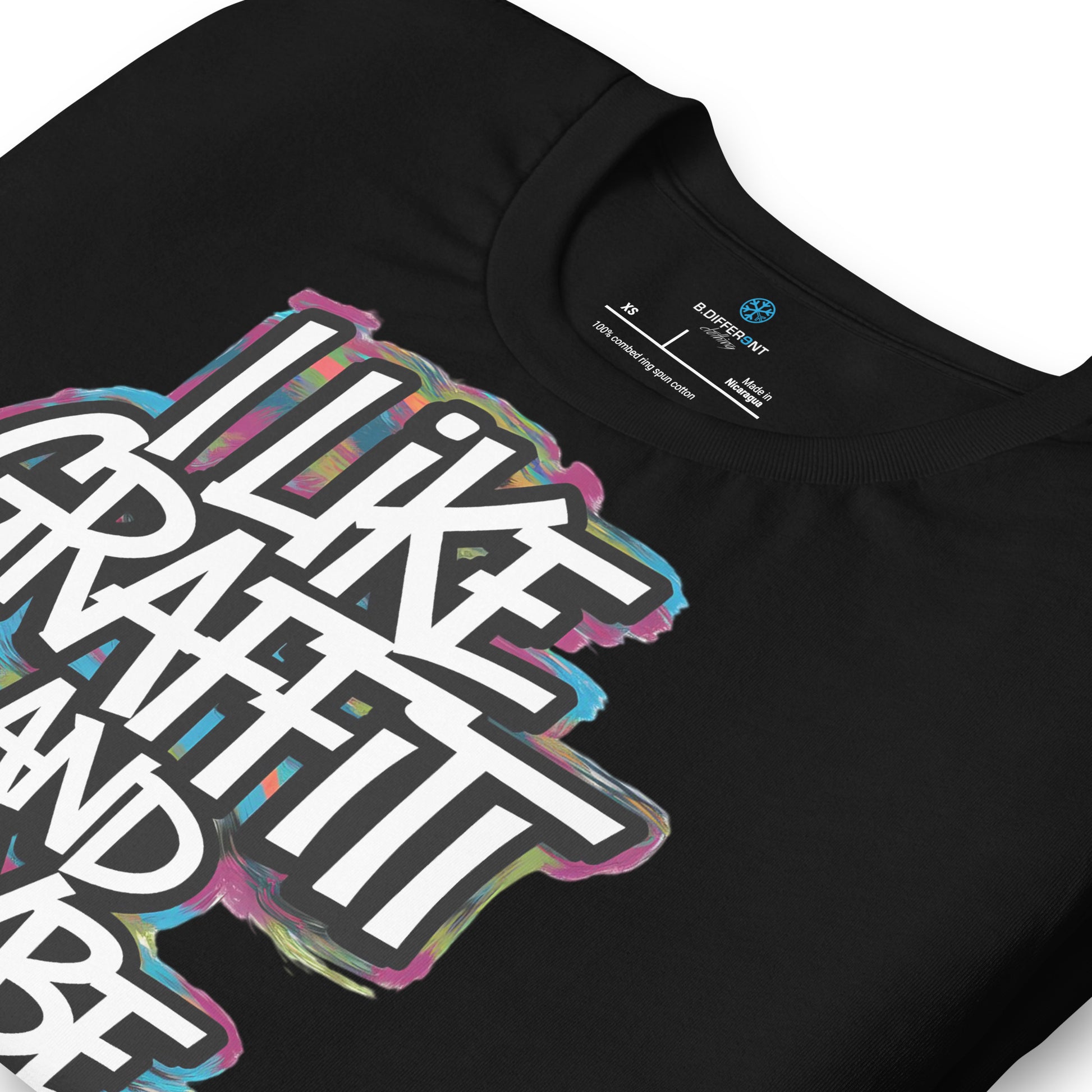 Black-I Like Graffiti and Maybe 2 People Tee from B.Different Clothing, detail, graffiti-inspired streetwear t-shirt