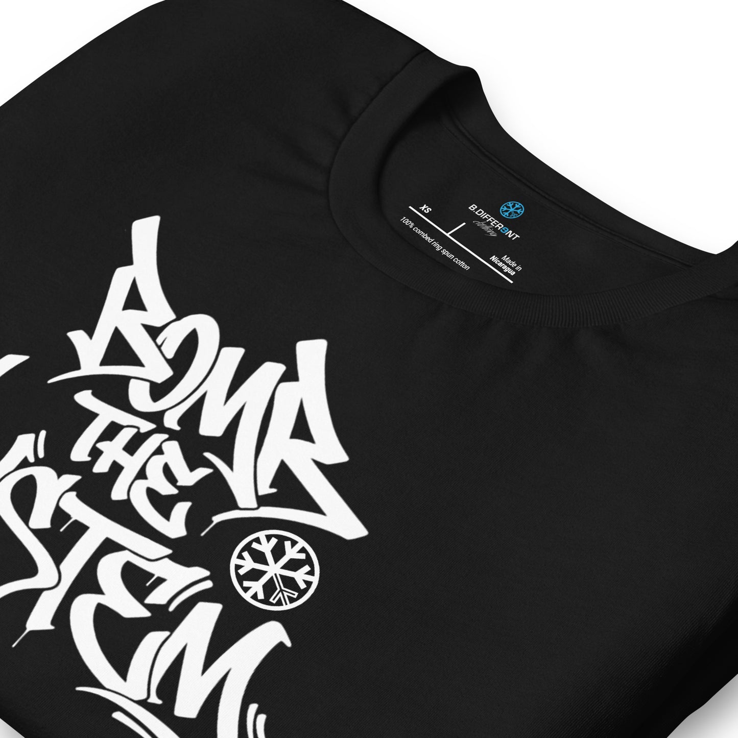 Black-Bomb The System Graffiti Tee from B.Different Clothing, detail, graffiti-inspired streetwear t-shirt