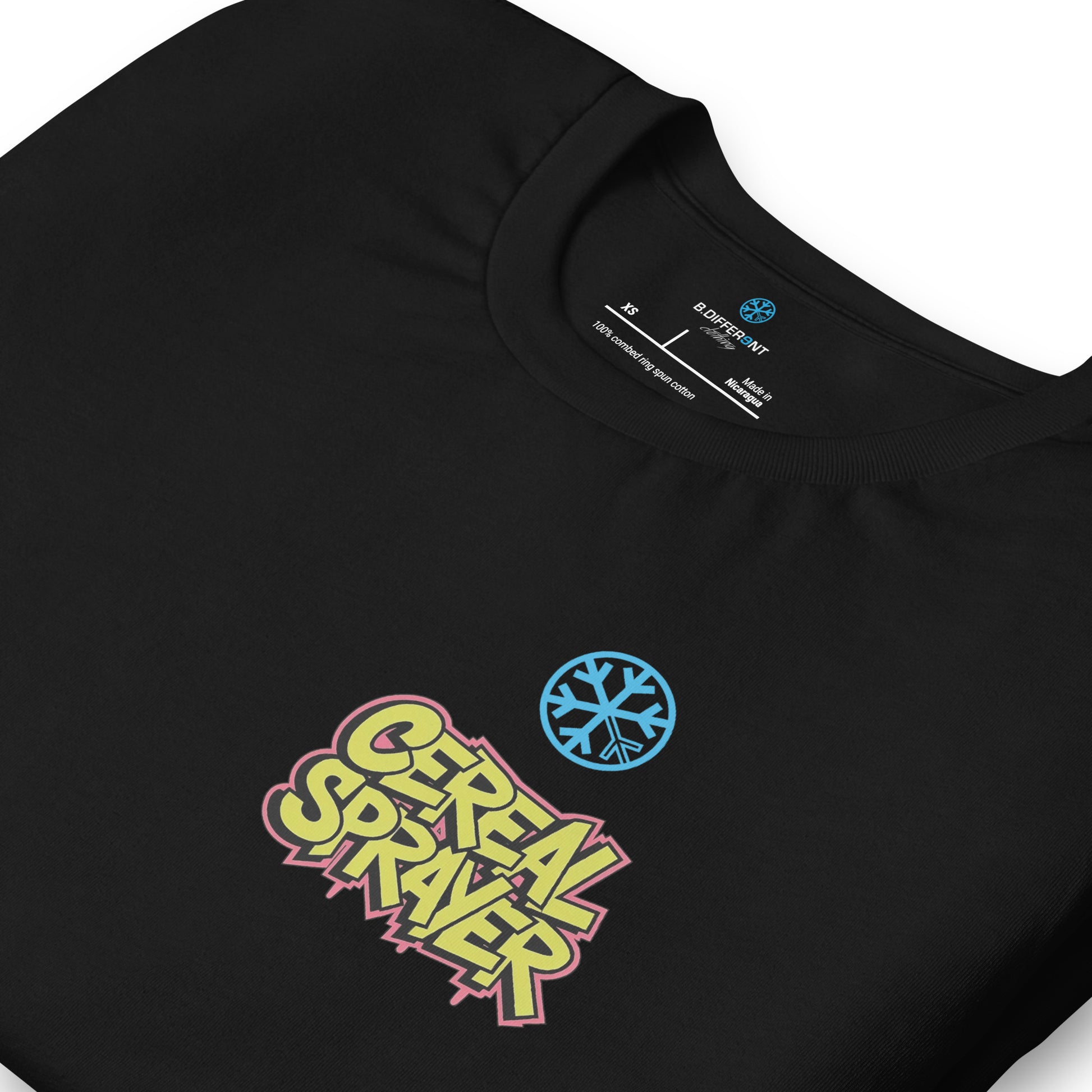 Black-Cereal Sprayer Graffiti Tee from B.Different Clothing, detail, graffiti-inspired streetwear t-shirt