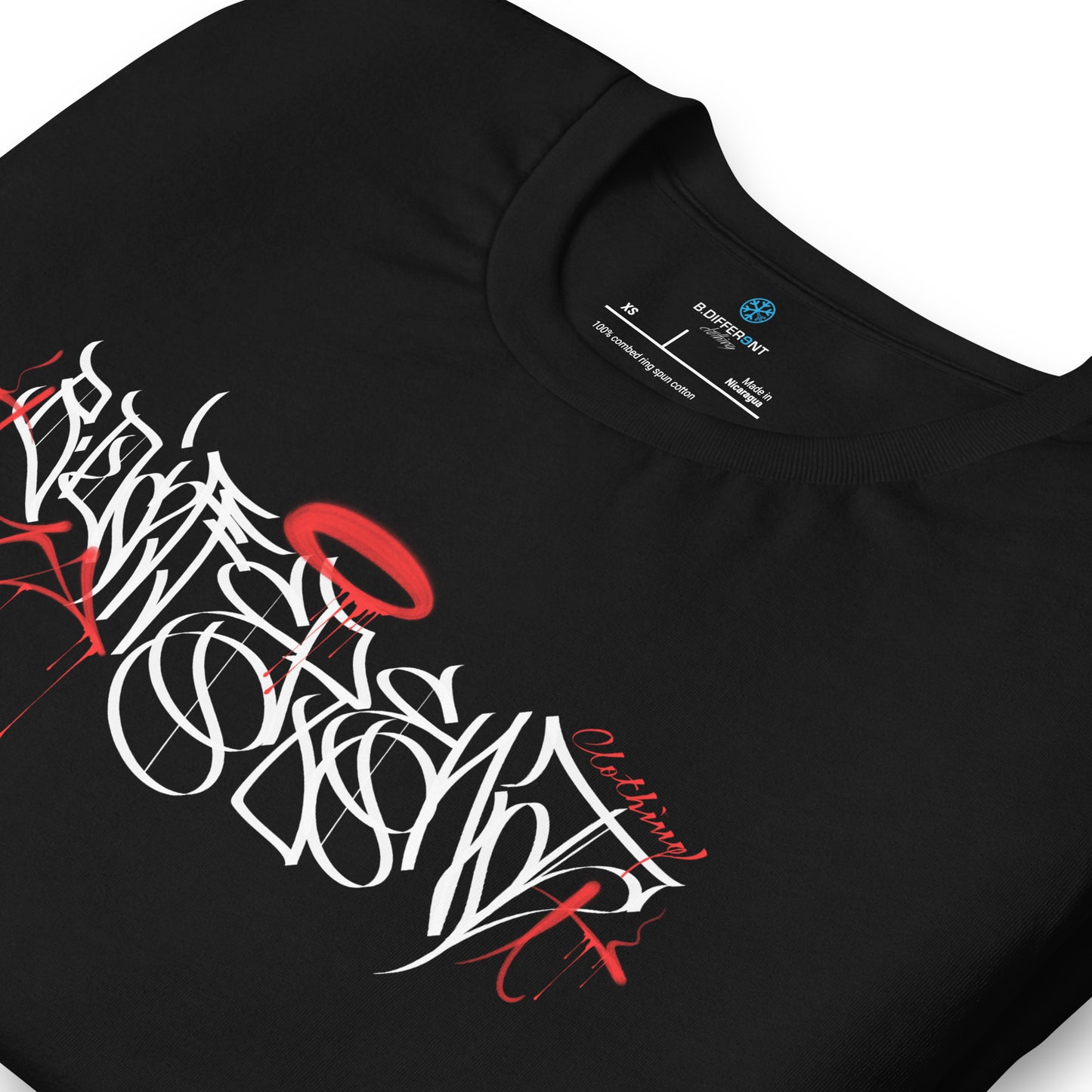 Black-Caos One Collab Graffiti Tee from B.Different Clothing, detail, graffiti-inspired streetwear t-shirt