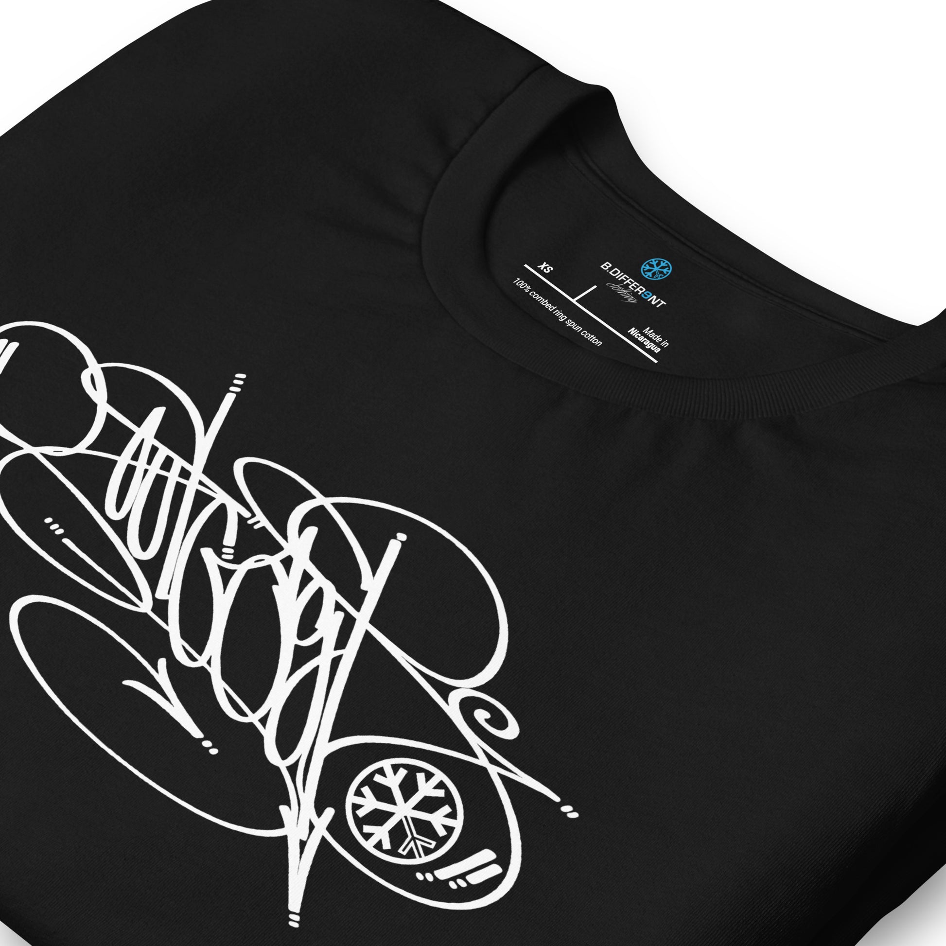 Black-Outcast Tag Tee by Graffiti Dad from B.Different Clothing, detail, graffiti-inspired streetwear t-shirt