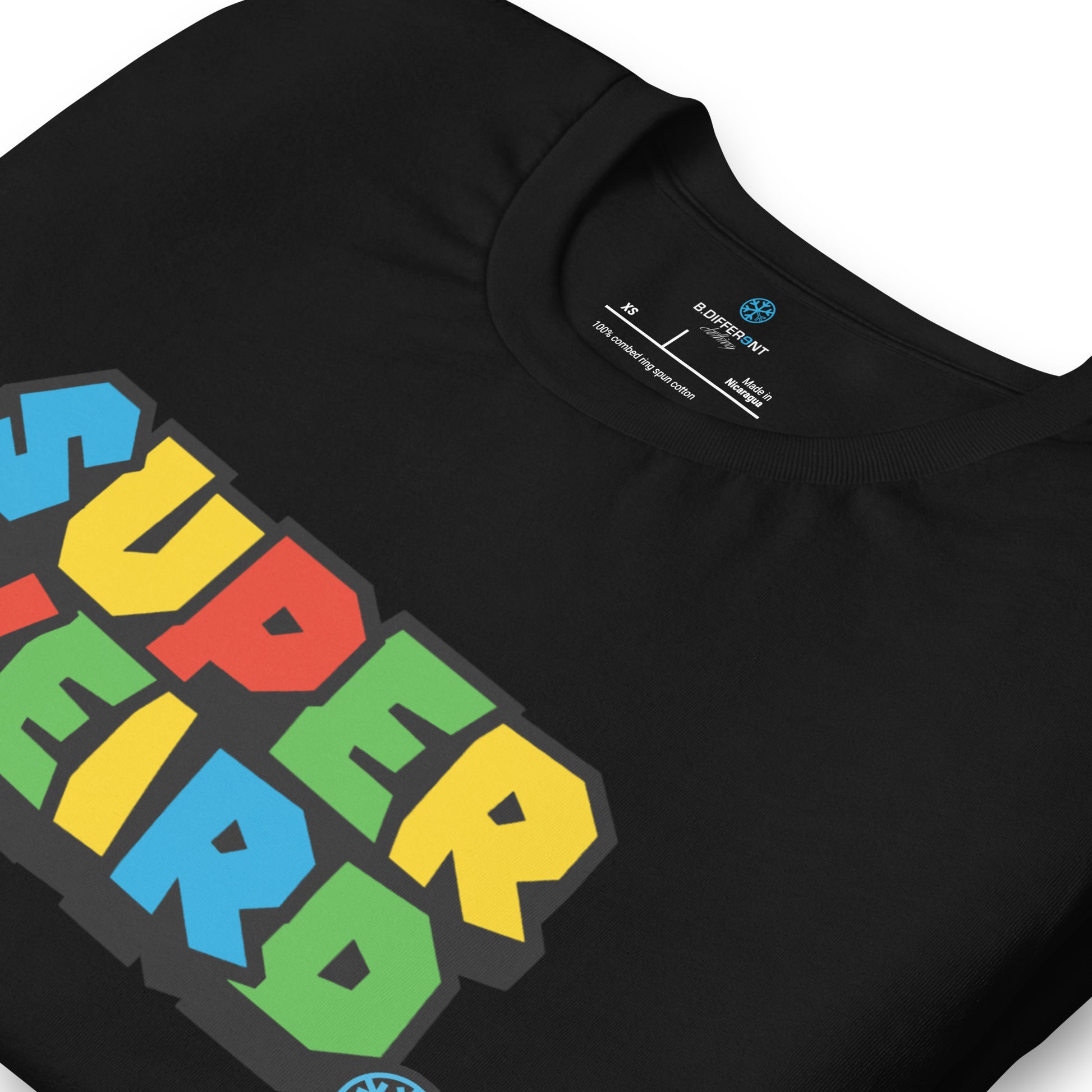 Black-Super Weird Tee from B.Different Clothing, detail, graffiti-inspired streetwear t-shirt