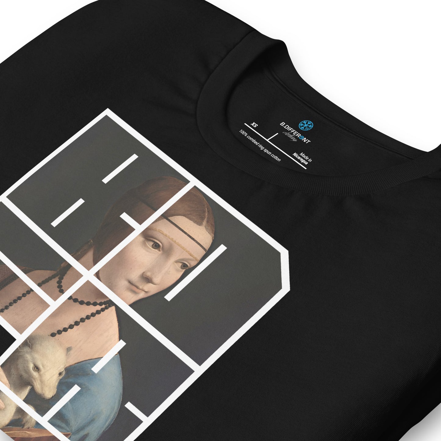 Black-BDFRNT Blockbuster x Lady With Ermine Graffiti Tee from B.Different Clothing, detail, graffiti-inspired streetwear t-shirt