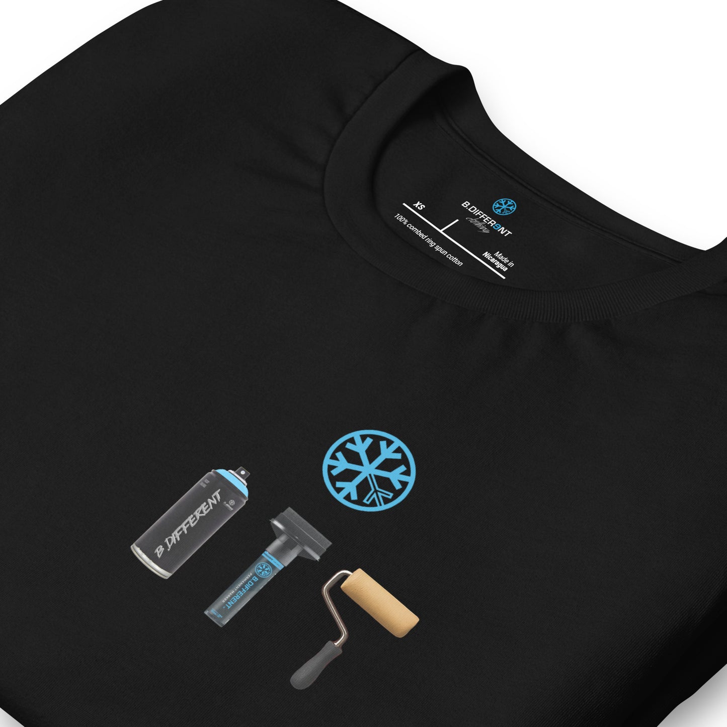Black-Graffiti Artist Action Figure Tee from B.Different Clothing, detail, graffiti-inspired streetwear t-shirt