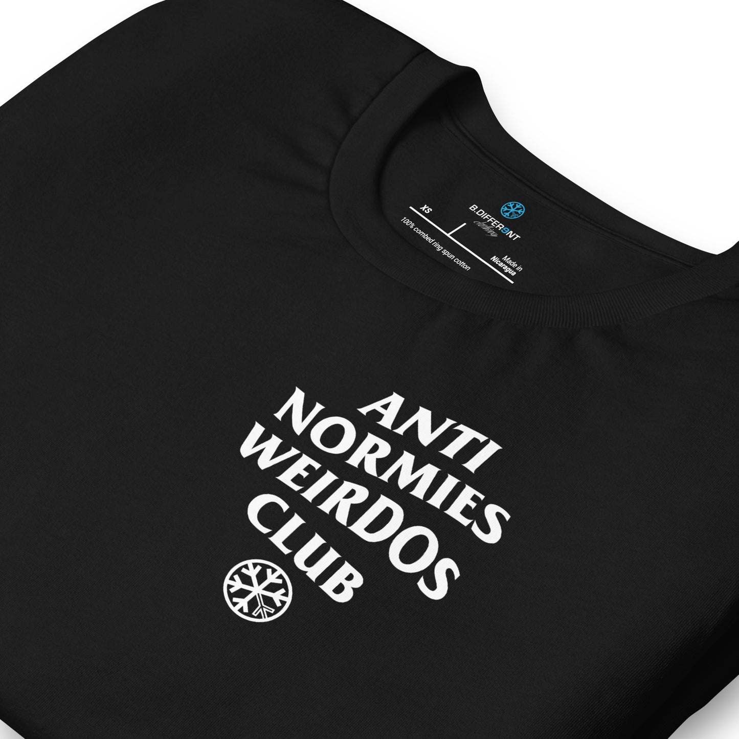 Black-Anti Normies Weirdos Club Tee from B.Different Clothing, detail, graffiti-inspired streetwear t-shirt