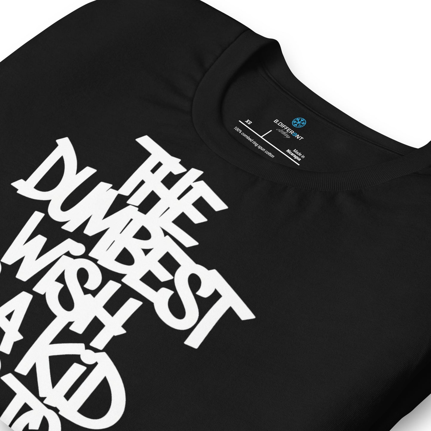 Black-The Dumbest Wish Graffiti Tag Tee from B.Different Clothing, detail, graffiti-inspired streetwear t-shirt