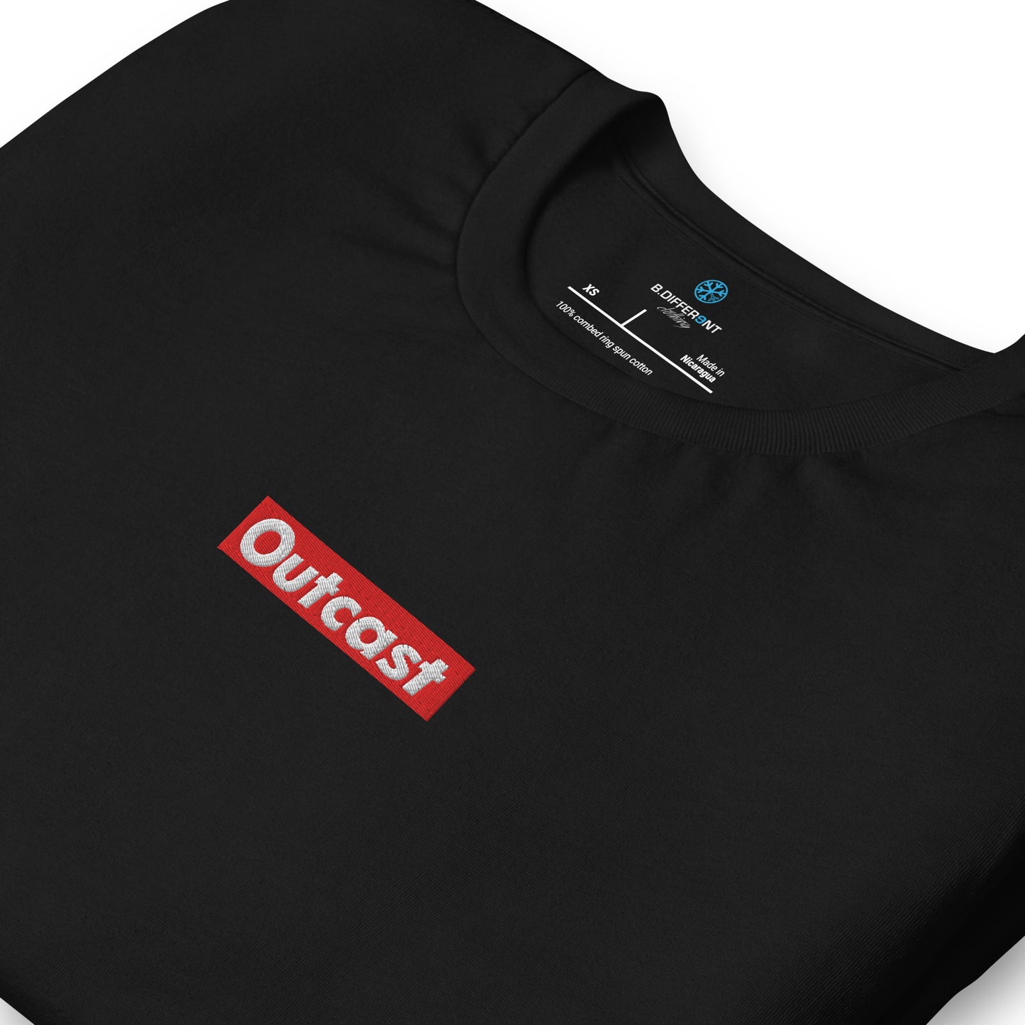 Black-Outcast Box Tee from B.Different Clothing, detail, graffiti-inspired streetwear t-shirt