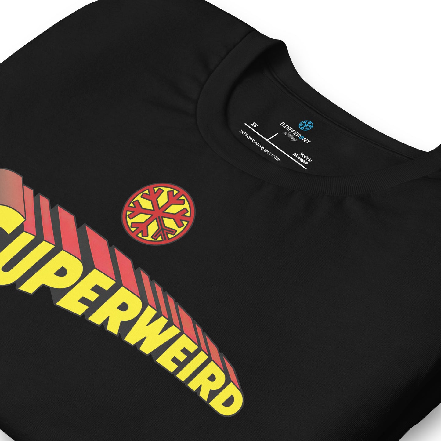 Black-Superweird Tee from B.Different Clothing, detail, graffiti-inspired streetwear t-shirt