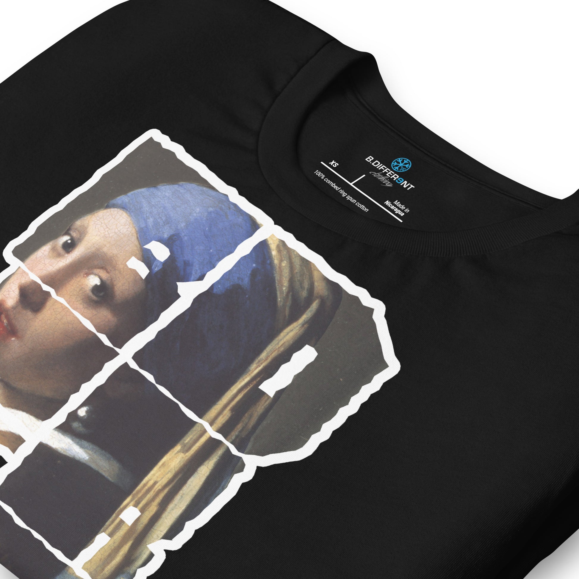 Black-BDFRNT Blockbuster x Girl With Pearl Earring Tee from B.Different Clothing, zoomed-in view, graffiti-inspired streetwear