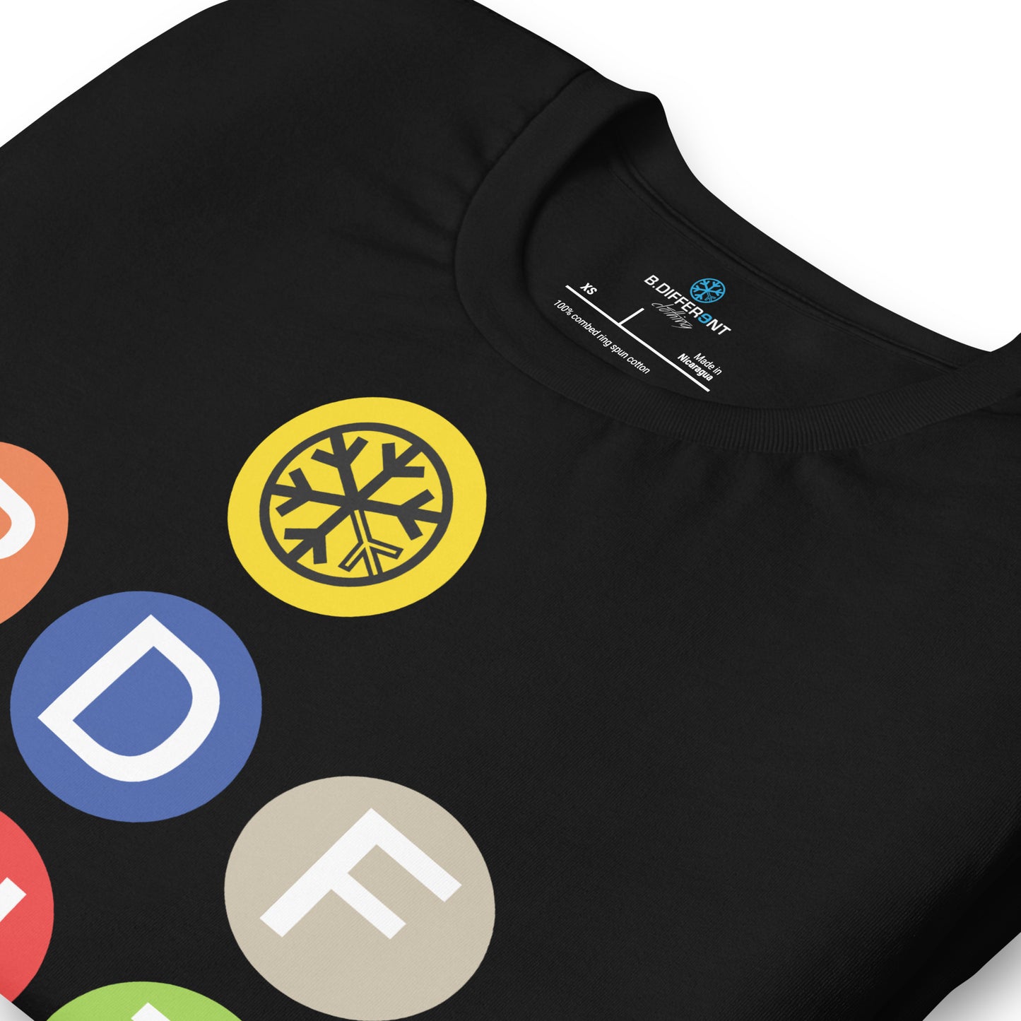 Black-BDFRNT NYC Subway Tee from B.Different Clothing, detail, graffiti-inspired streetwear