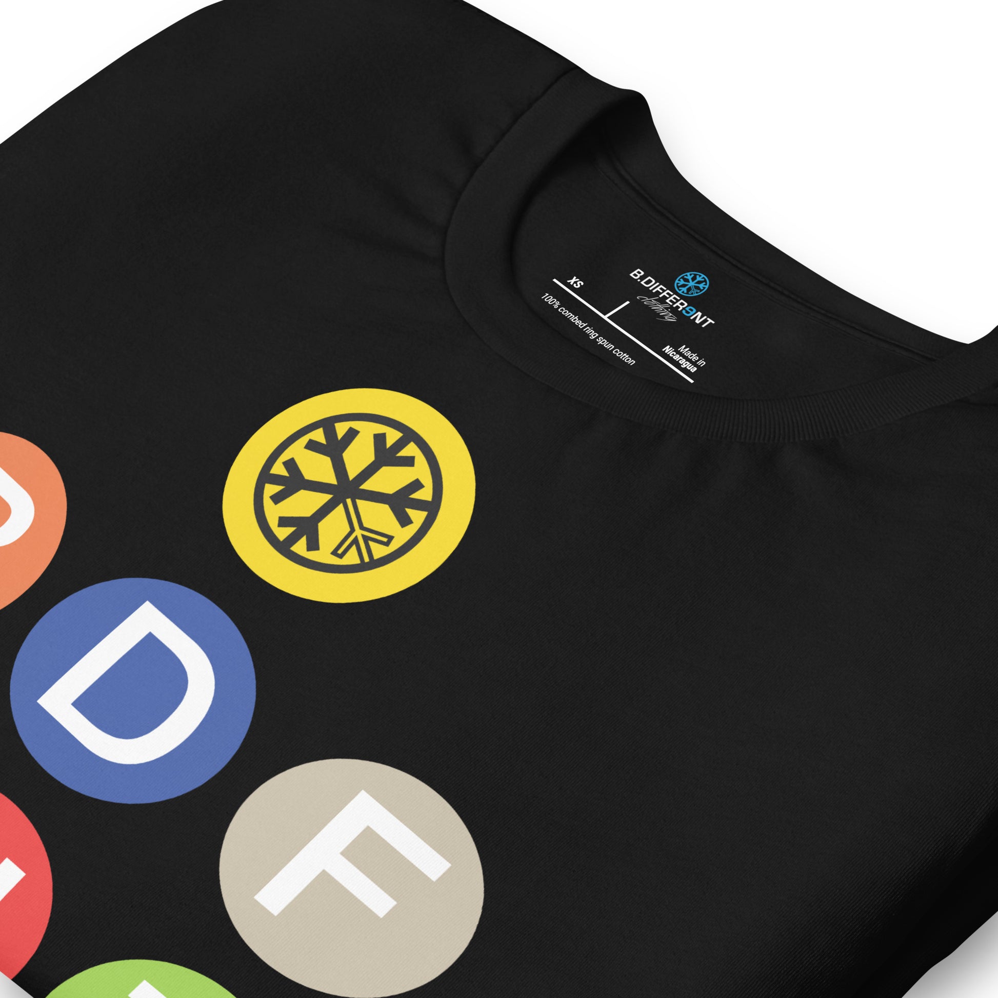 Black-BDFRNT NYC Subway Tee from B.Different Clothing, detail, graffiti-inspired streetwear