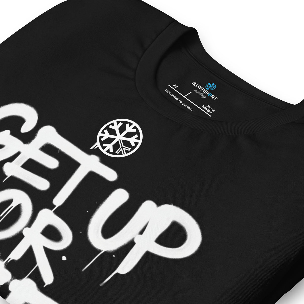 Black-Get Up or Die Graffiti Tag Tee from B.Different Clothing, detail, graffiti-inspired streetwear t-shirt