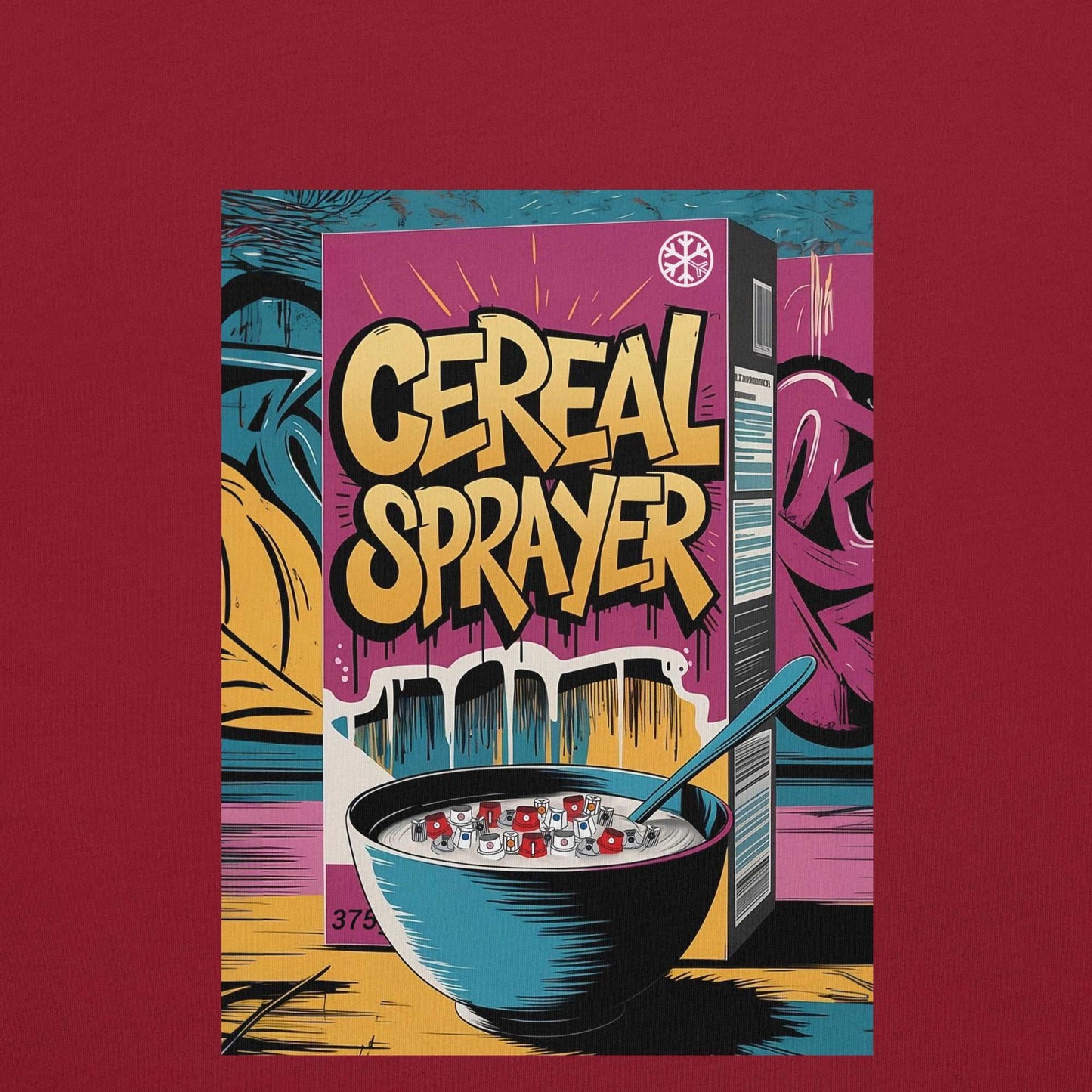 graphic of Cereal Sprayer Graffiti Tee cardinal B.Different Clothing graffiti street art inspired streetwear brand