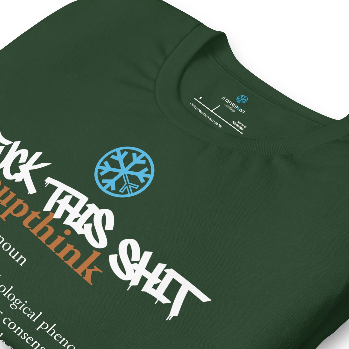 Green-Groupthink Graffiti Tee from B.Different Clothing, detail, graffiti-inspired streetwear t-shirt