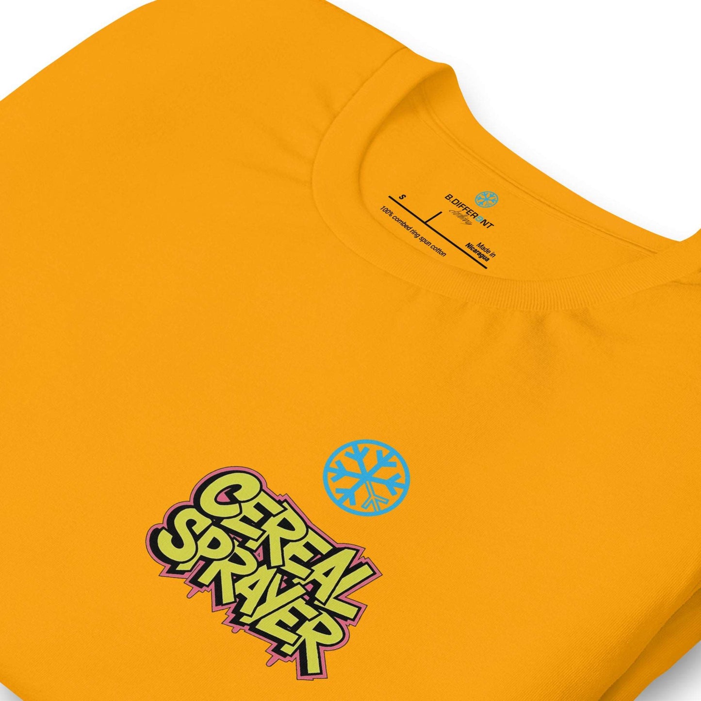 detail of Cereal Sprayer Graffiti Tee yellow B.Different Clothing graffiti street art inspired streetwear brand