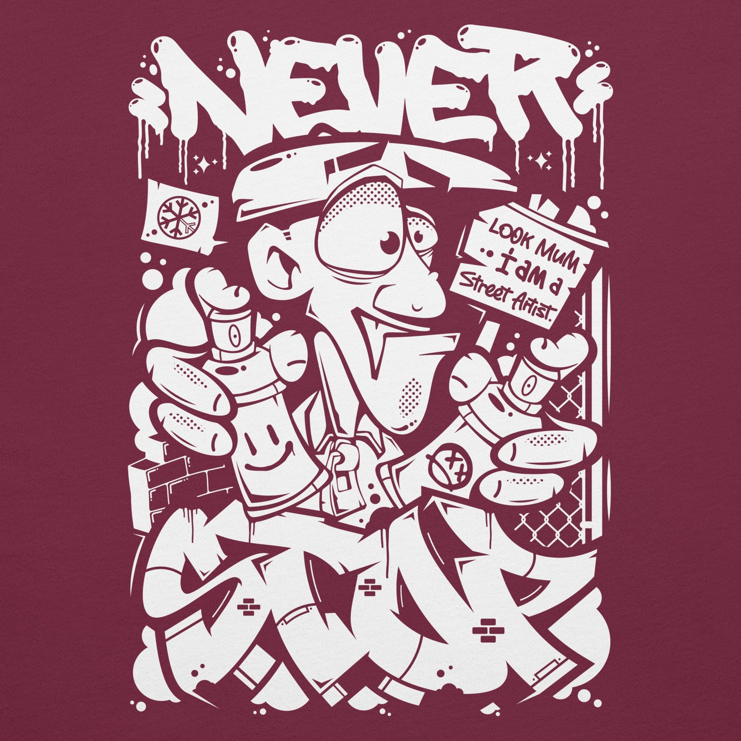 Maroon-Never Stop Graffiti Character Tee from B.Different Clothing, graphic, graffiti-inspired streetwear t-shirt