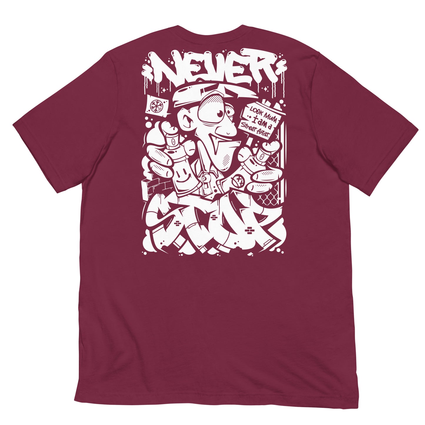 Maroon-Never Stop Graffiti Character Tee from B.Different Clothing, back view, graffiti-inspired streetwear t-shirt