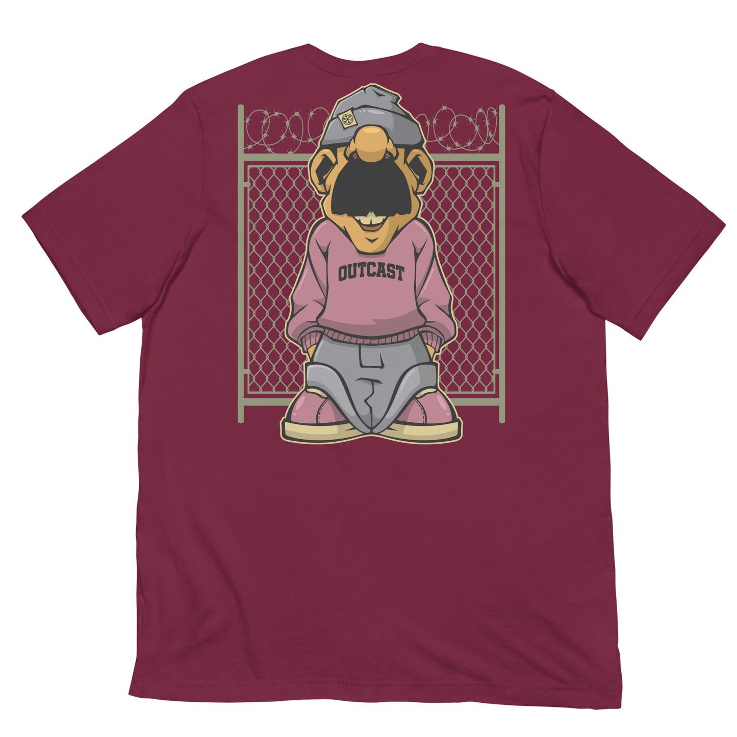 Maroon-Outcast Graffiti Character Tee from B.Different Clothing, back view, graffiti-inspired streetwear t-shirt