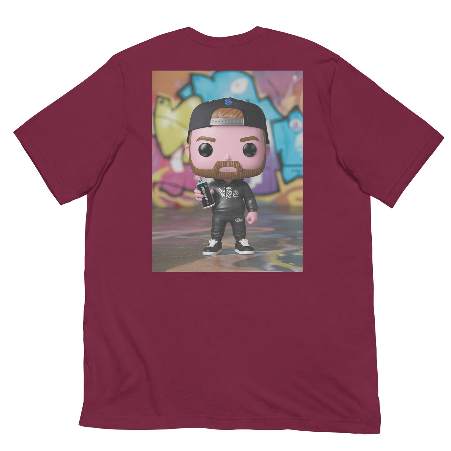 Maroon-Graffiti Artist Vinyl Figure Tee from B.Different Clothing, back view, graffiti-inspired streetwear t-shirt
