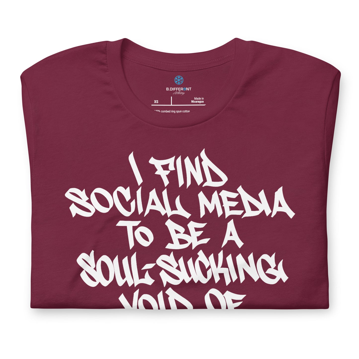 Maroon-Social Media Graffiti Tag Tee from B.Different Clothing, folded, graffiti-inspired streetwear t-shirt