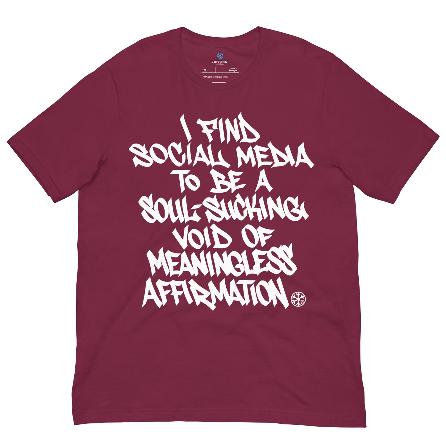 Maroon-Social Media Graffiti Tag Tee from B.Different Clothing, front view, graffiti-inspired streetwear t-shirt