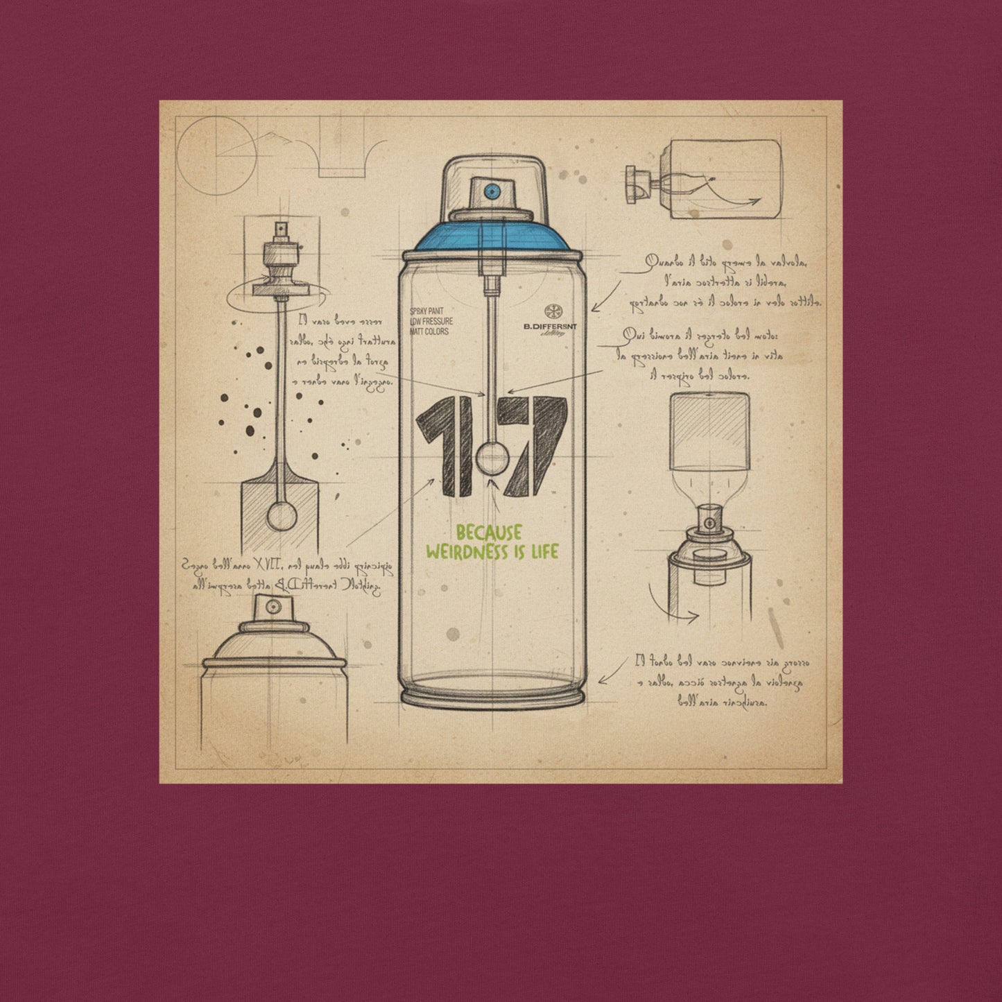 Maroon-Spray Can Sketch Graffiti Tee from B.Different Clothing, graphic, graffiti-inspired streetwear t-shirt