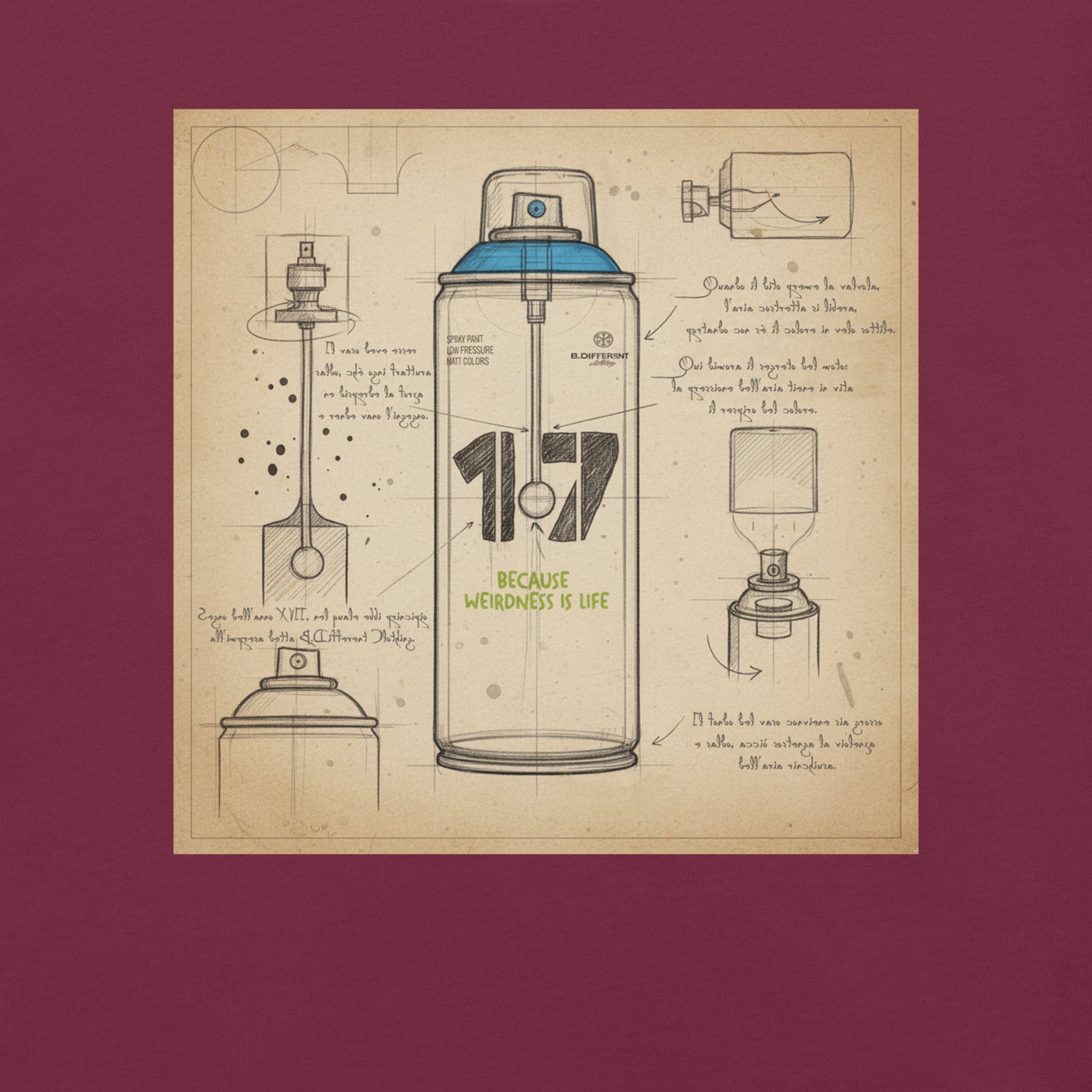 Maroon-Spray Can Sketch Graffiti Tee from B.Different Clothing, graphic, graffiti-inspired streetwear t-shirt