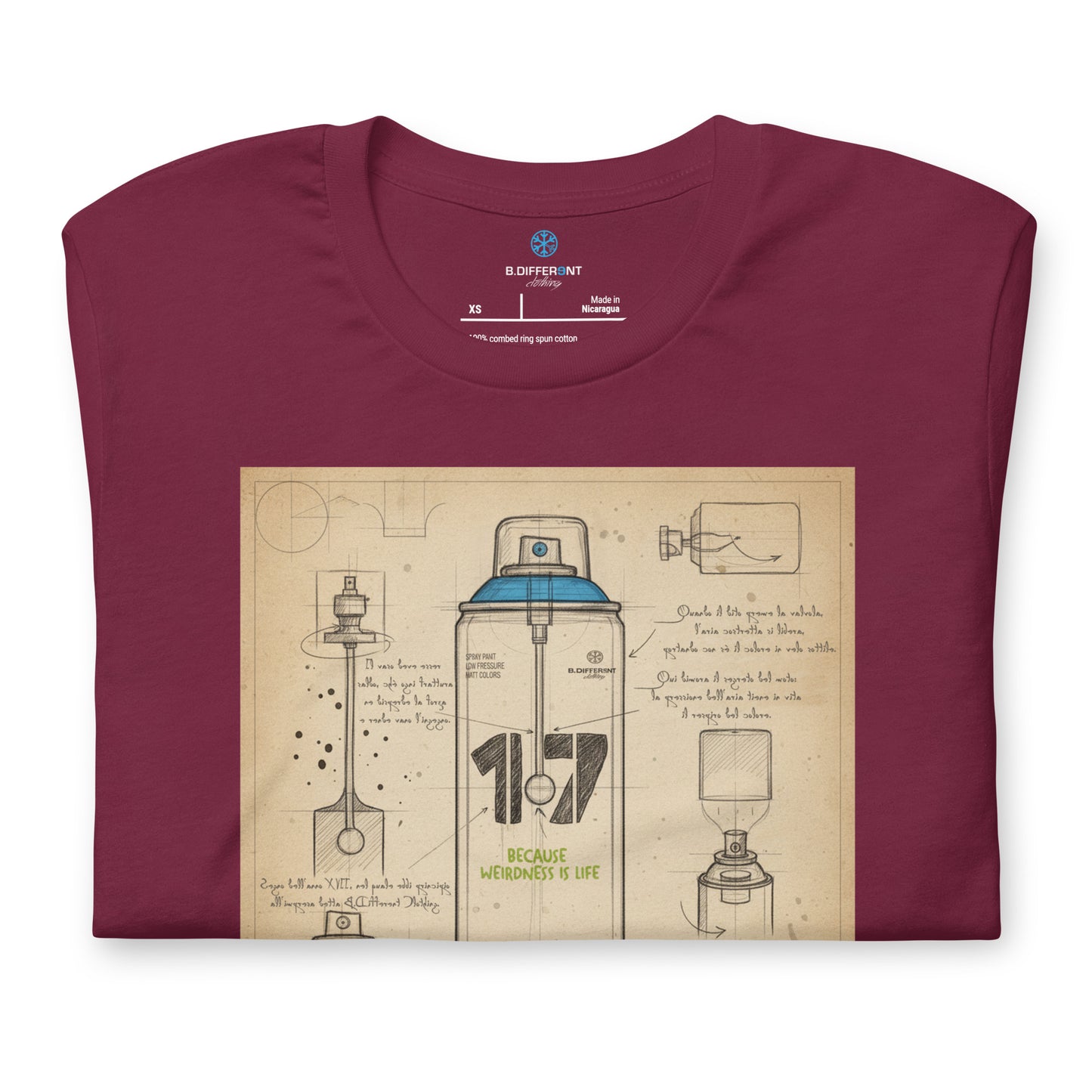 Maroon-Spray Can Sketch Graffiti Tee from B.Different Clothing, folded, graffiti-inspired streetwear t-shirt