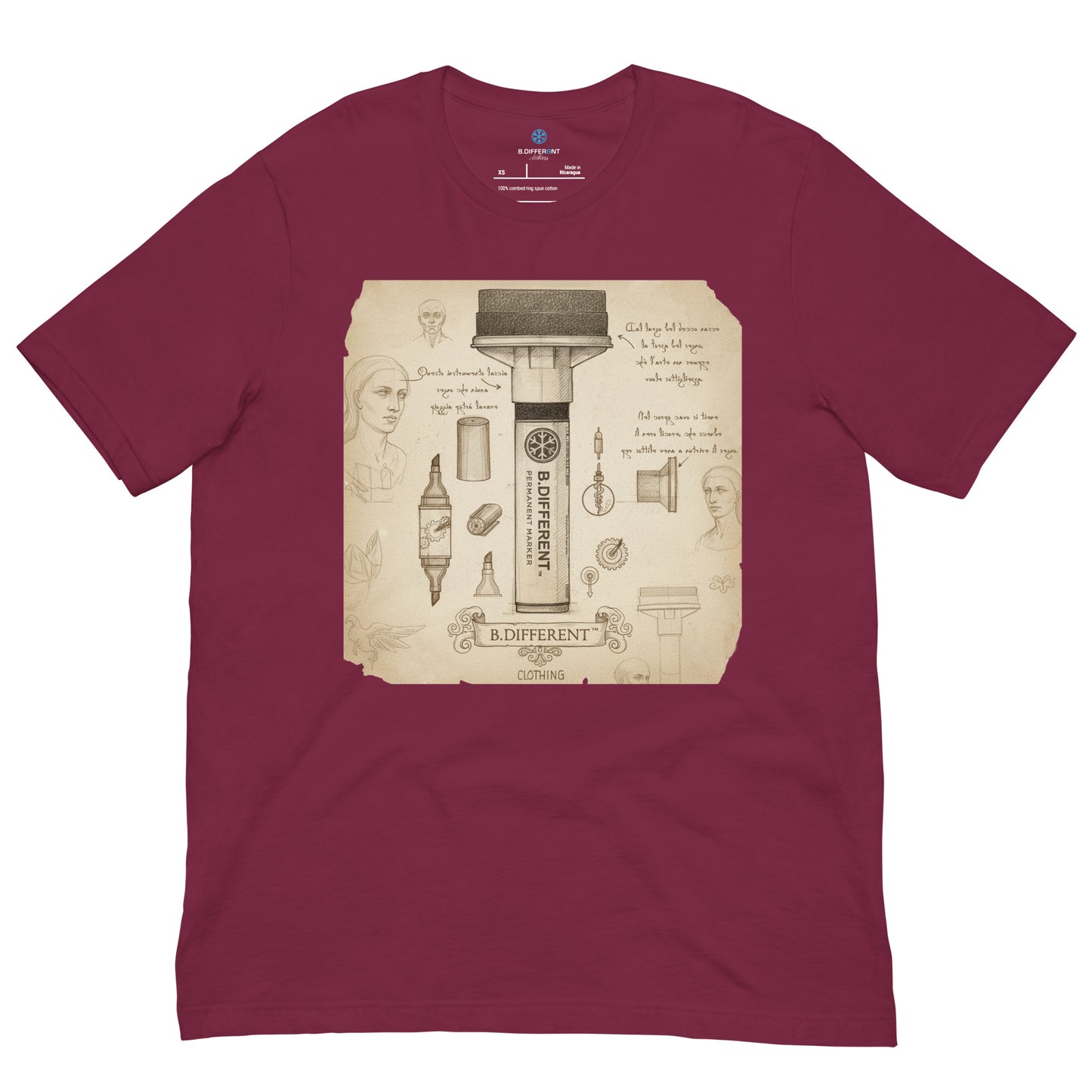 Maroon-Marker Sketch Graffiti Tee from B.Different Clothing, front view, graffiti-inspired streetwear t-shirt