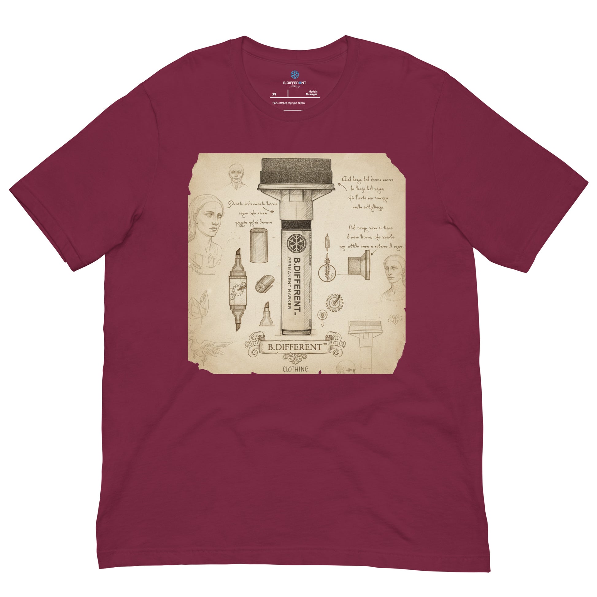 Maroon-Marker Sketch Graffiti Tee from B.Different Clothing, front view, graffiti-inspired streetwear t-shirt