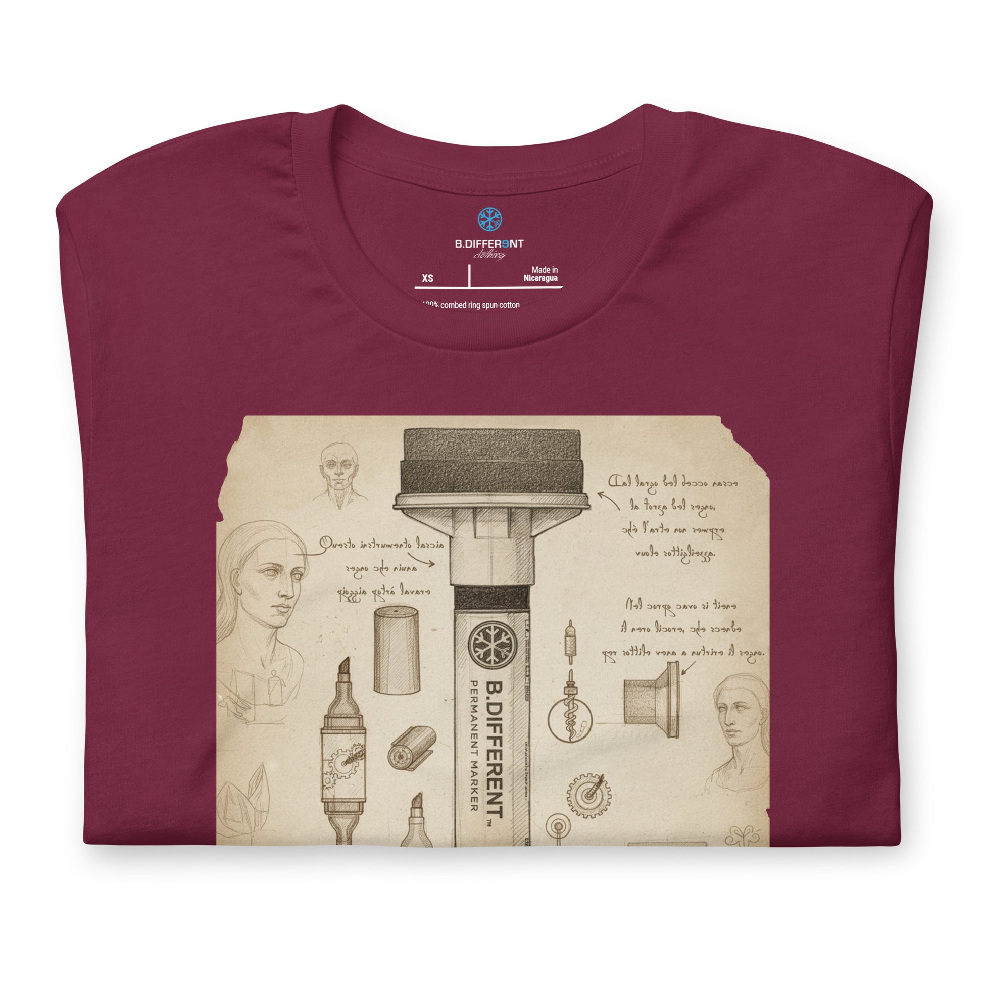 Maroon-Marker Sketch Graffiti Tee from B.Different Clothing, folded, graffiti-inspired streetwear t-shirt