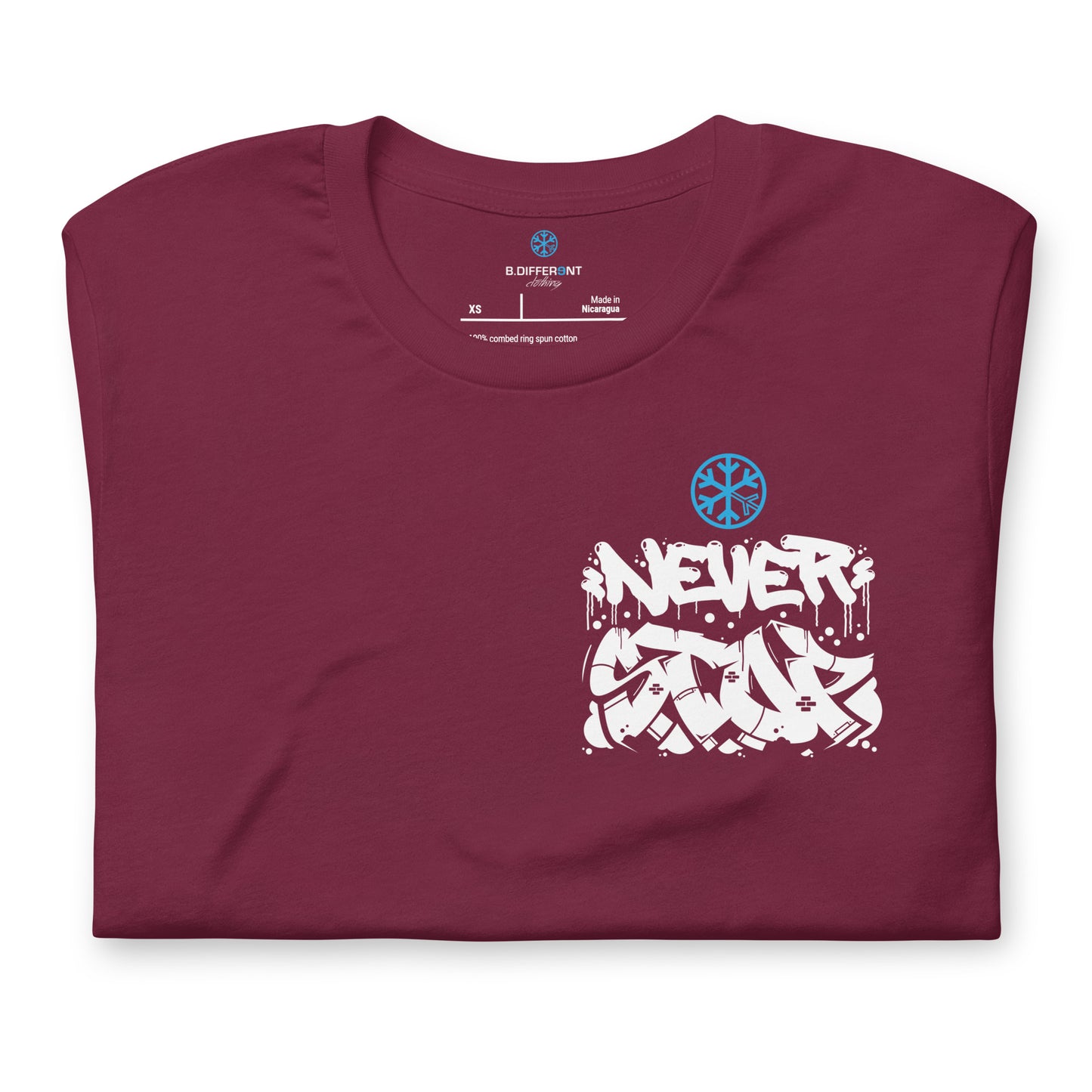Maroon-Never Stop Graffiti Character Tee from B.Different Clothing, folded, graffiti-inspired streetwear t-shirt
