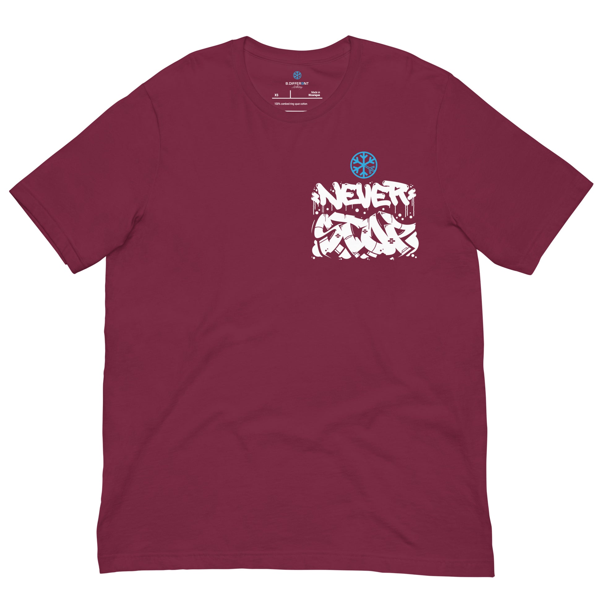 Maroon-Never Stop Graffiti Character Tee from B.Different Clothing, front view, graffiti-inspired streetwear t-shirt