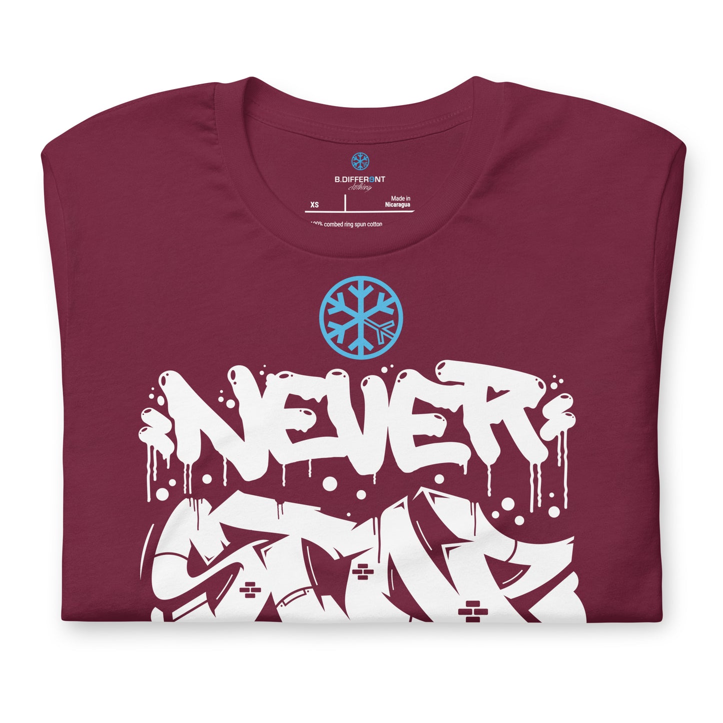 Maroon-Never Stop Graffiti Piece Tee from B.Different Clothing, folded, graffiti-inspired streetwear t-shirt