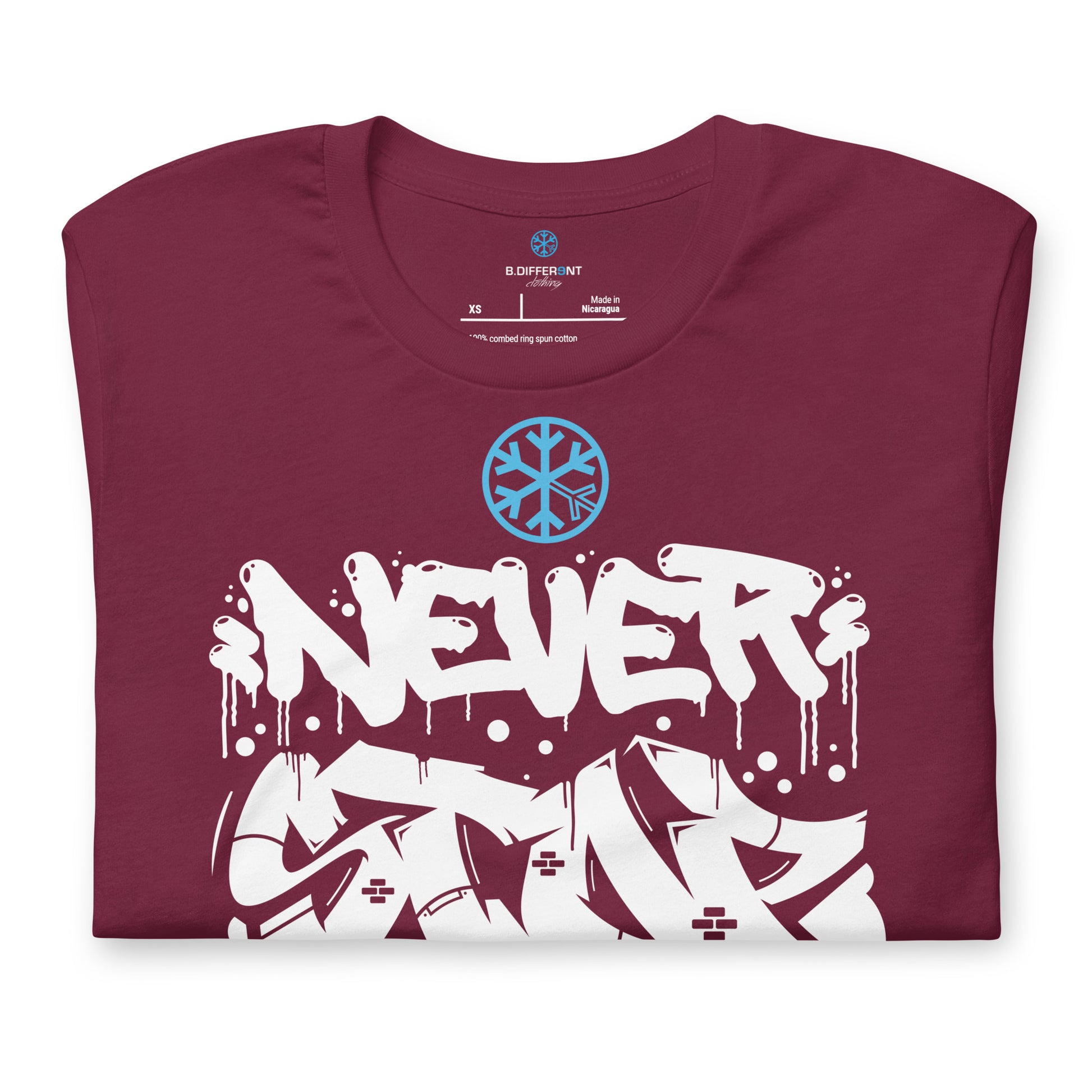 Maroon-Never Stop Graffiti Piece Tee from B.Different Clothing, folded, graffiti-inspired streetwear t-shirt