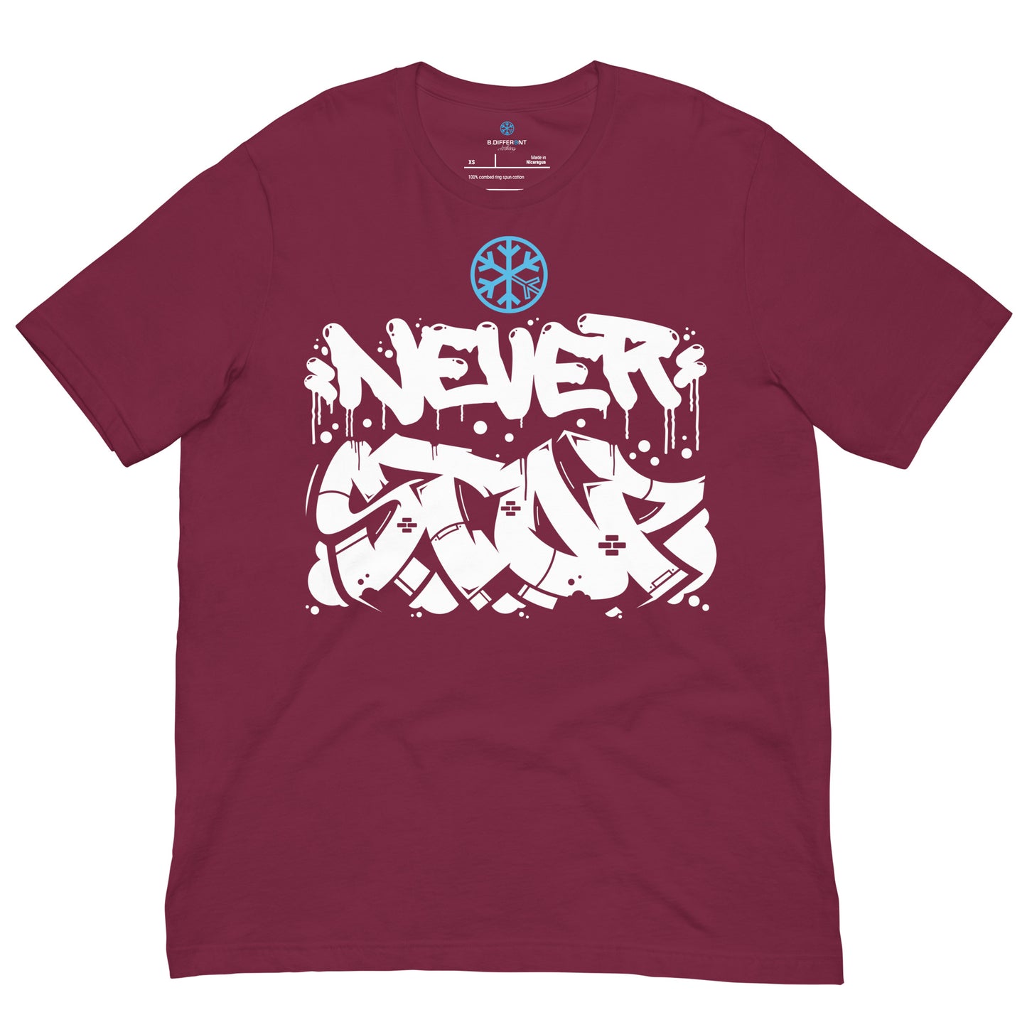 Maroon-Never Stop Graffiti Piece Tee from B.Different Clothing, front view, graffiti-inspired streetwear t-shirt