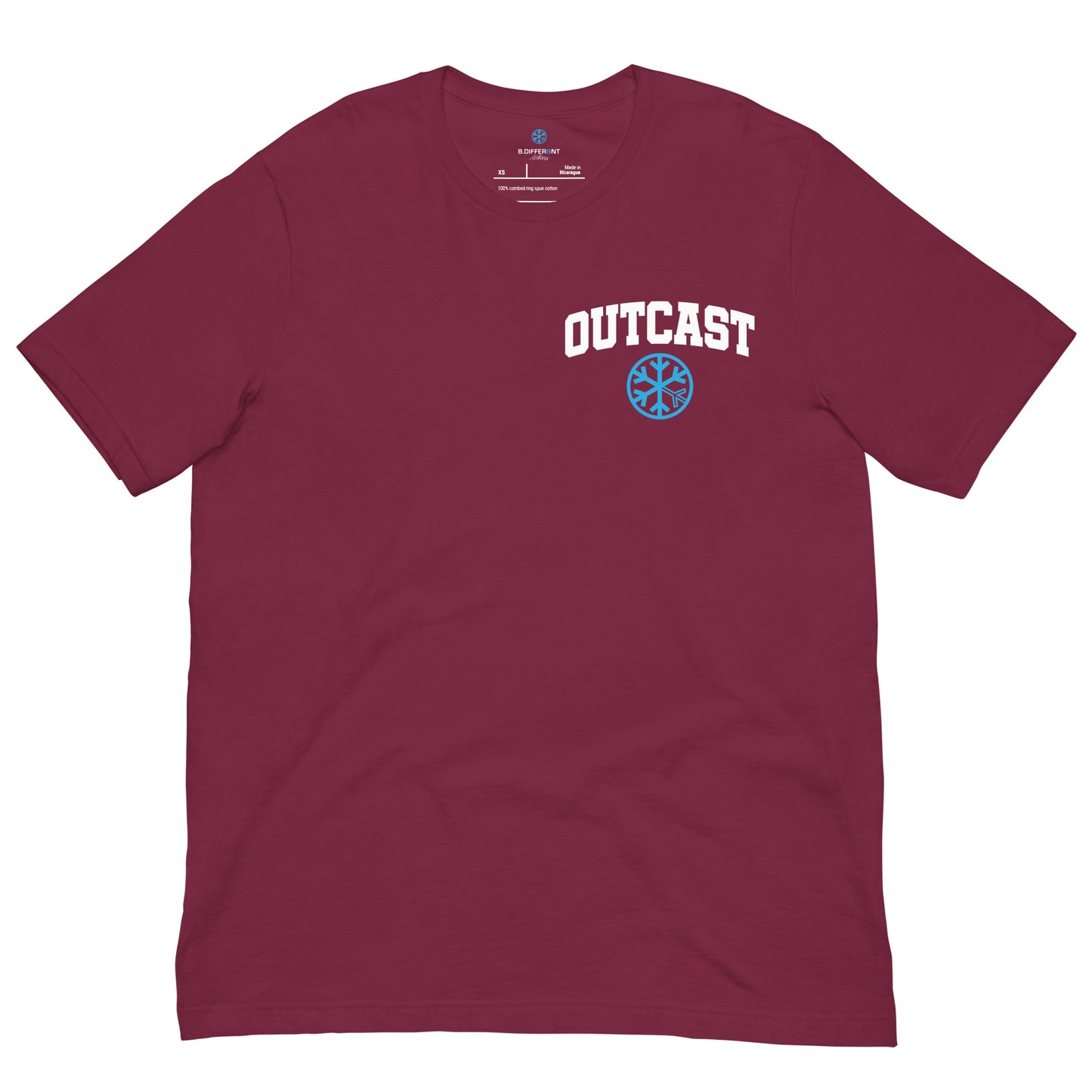 Maroon-Outcast Graffiti Character Tee from B.Different Clothing, front view, graffiti-inspired streetwear t-shirt