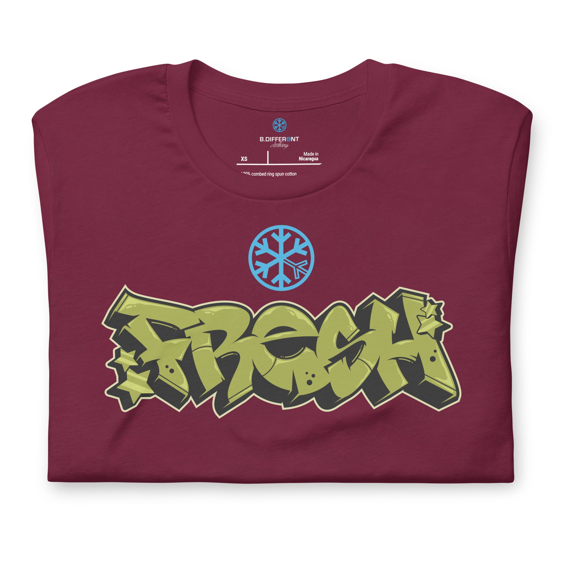 Maroon-Fresh Graffiti Piece Tee from B.Different Clothing, folded, graffiti-inspired streetwear t-shirt